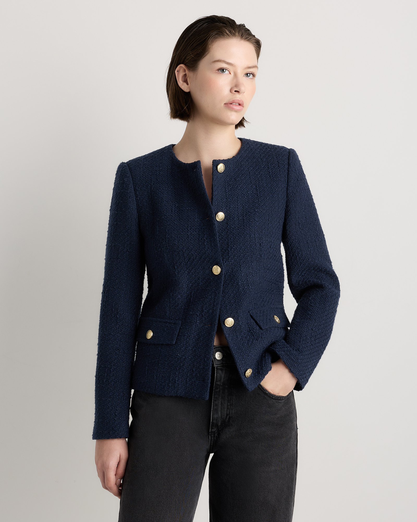 Deep Navy Tweed Collarless Jacket