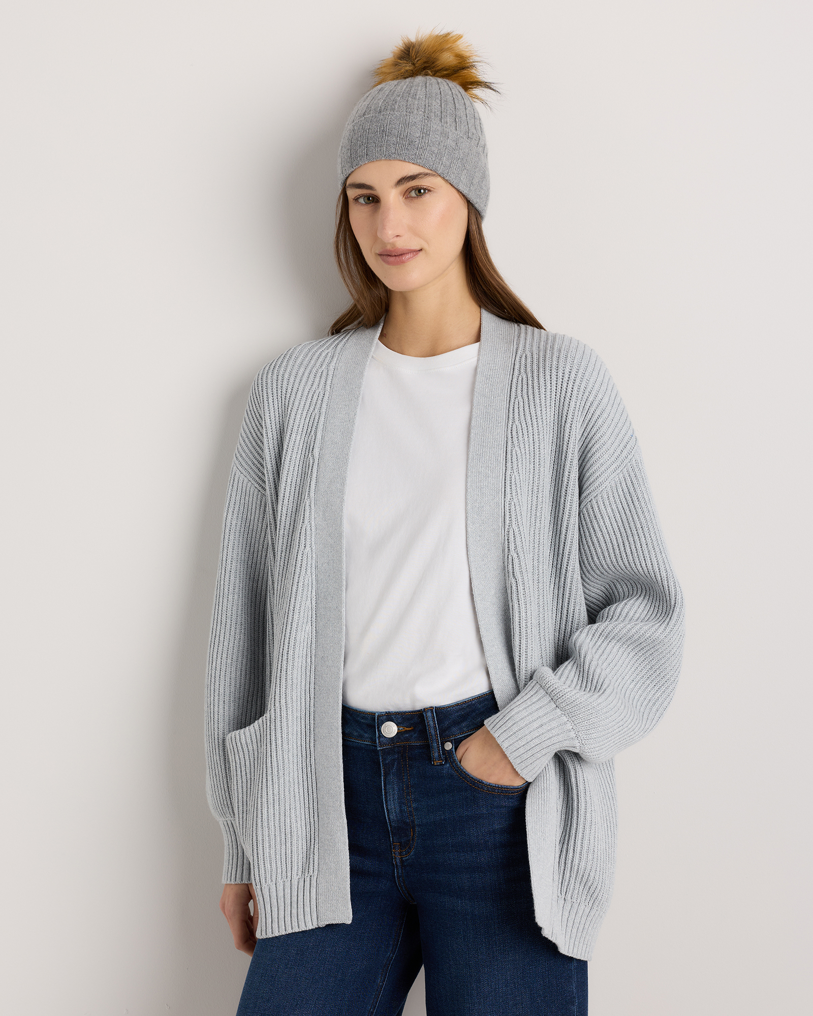 Heather Grey Mongolian Cashmere Pom Pom Beanie 