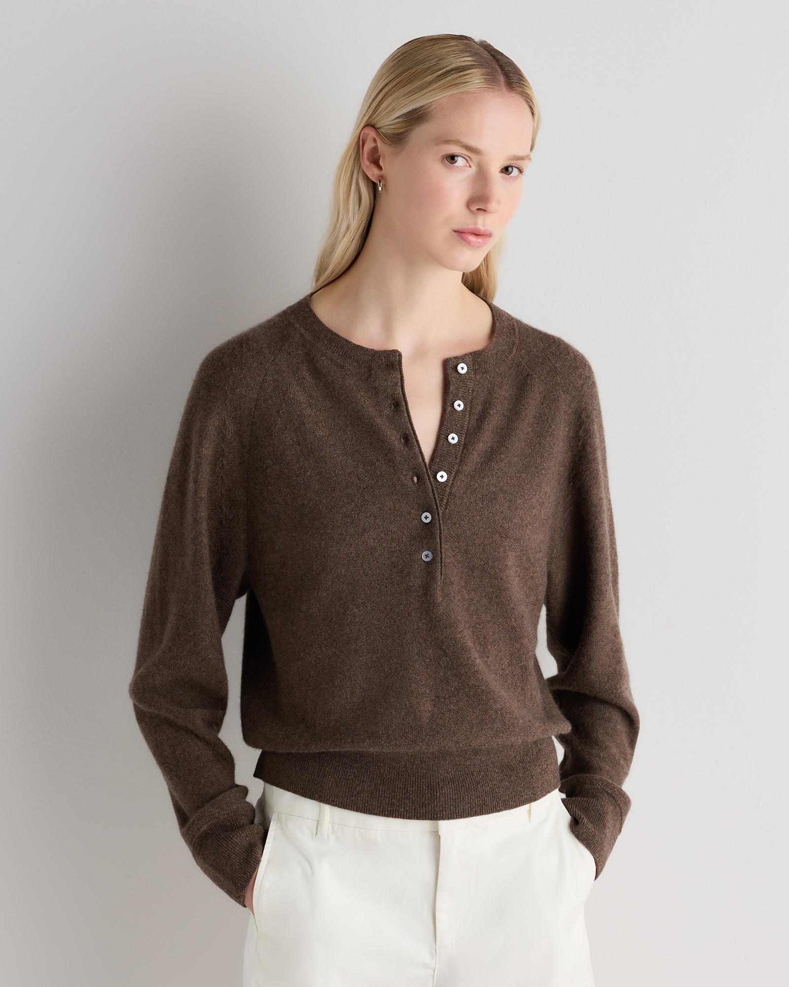 Brown Mongolian Cashmere Dolman Sleeve Henley Sweater