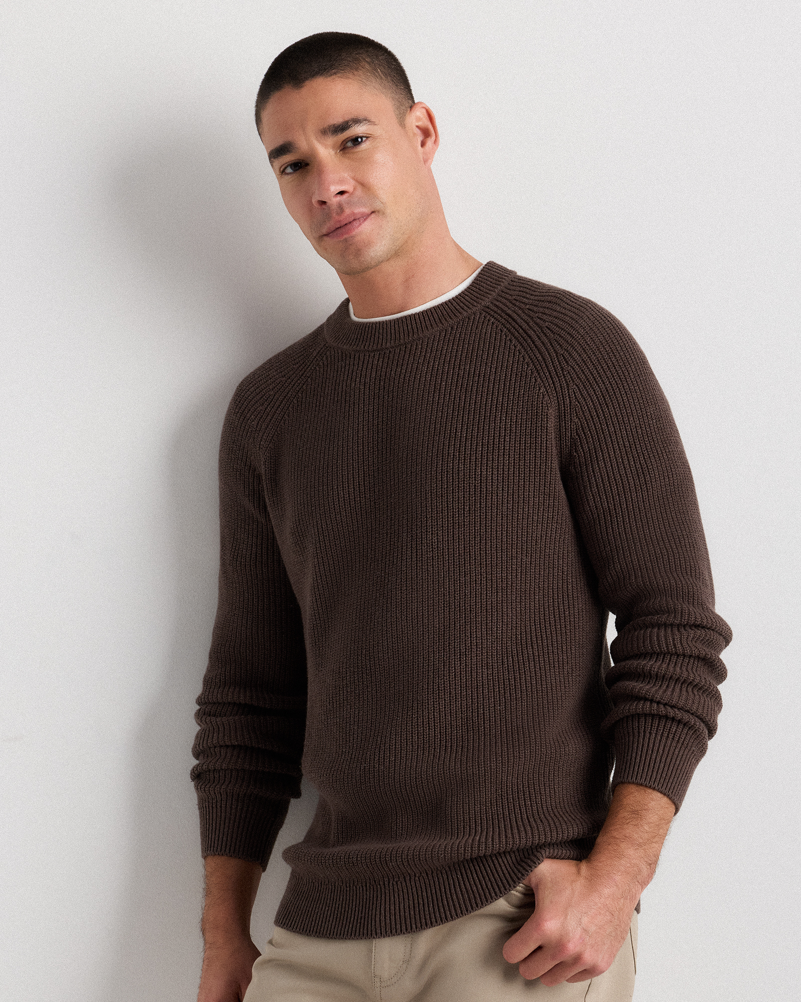 Heather Brown 100% Organic Cotton Ribbed Crewneck Sweater