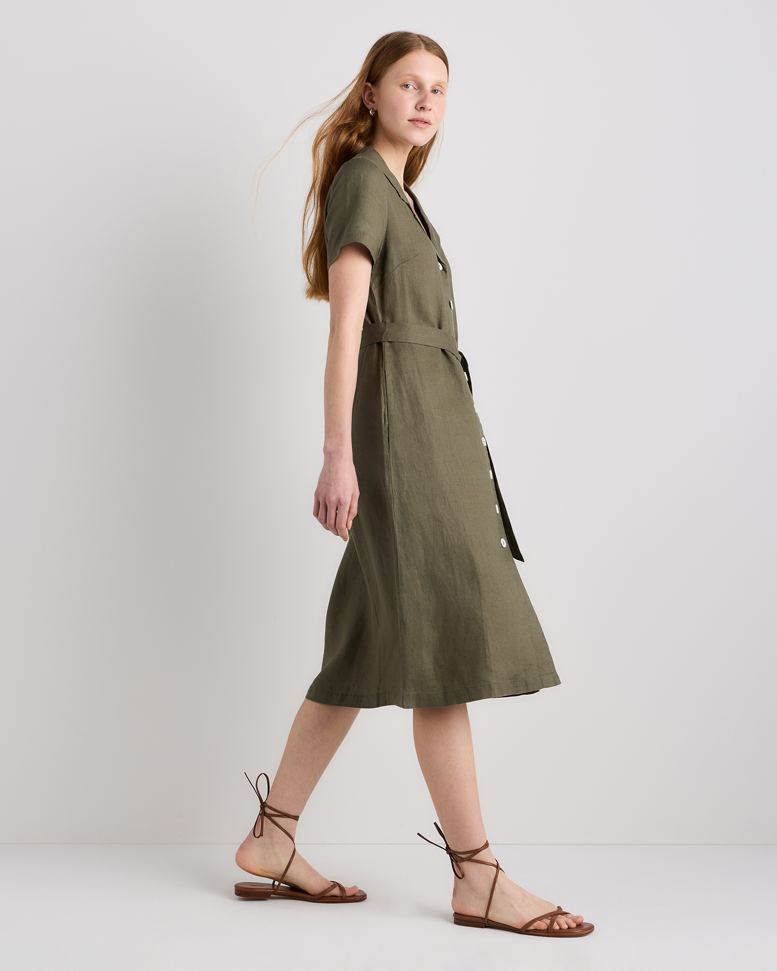 100% European Linen Button Front Dress in Bayberry Olive