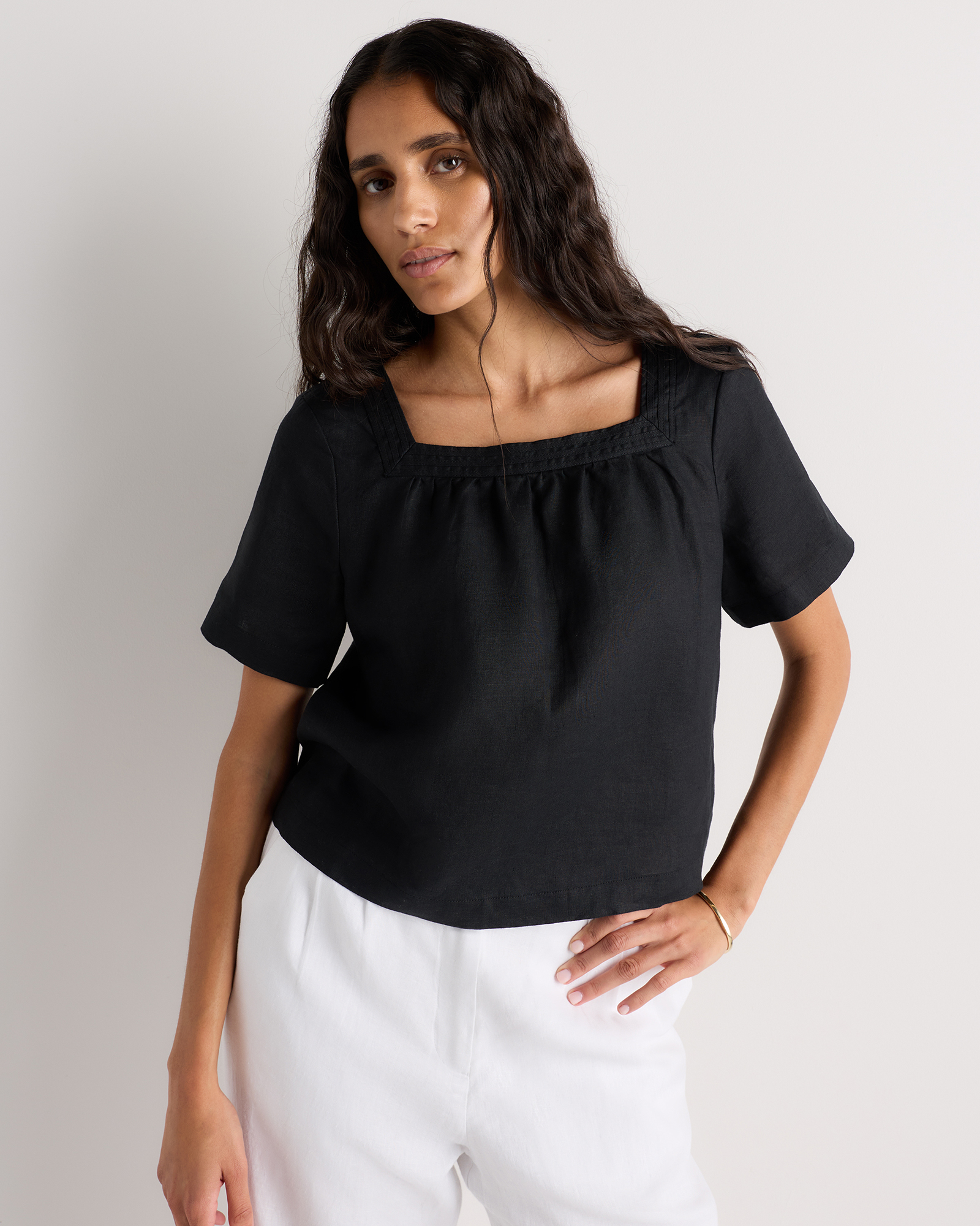 Black 100% European Linen Square Neck Swing Top