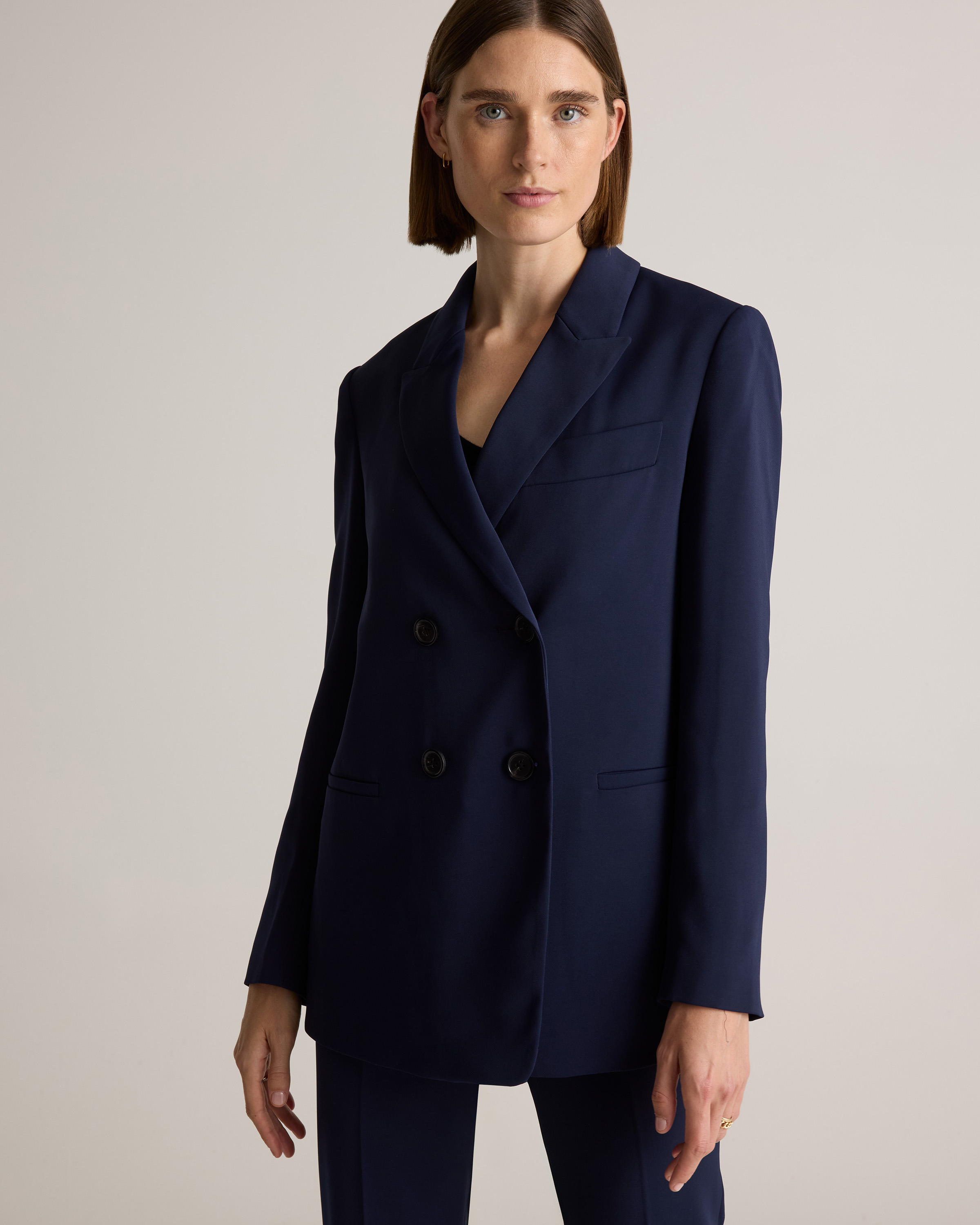Stretch Crepe Double-Breasted Blazer in Navy