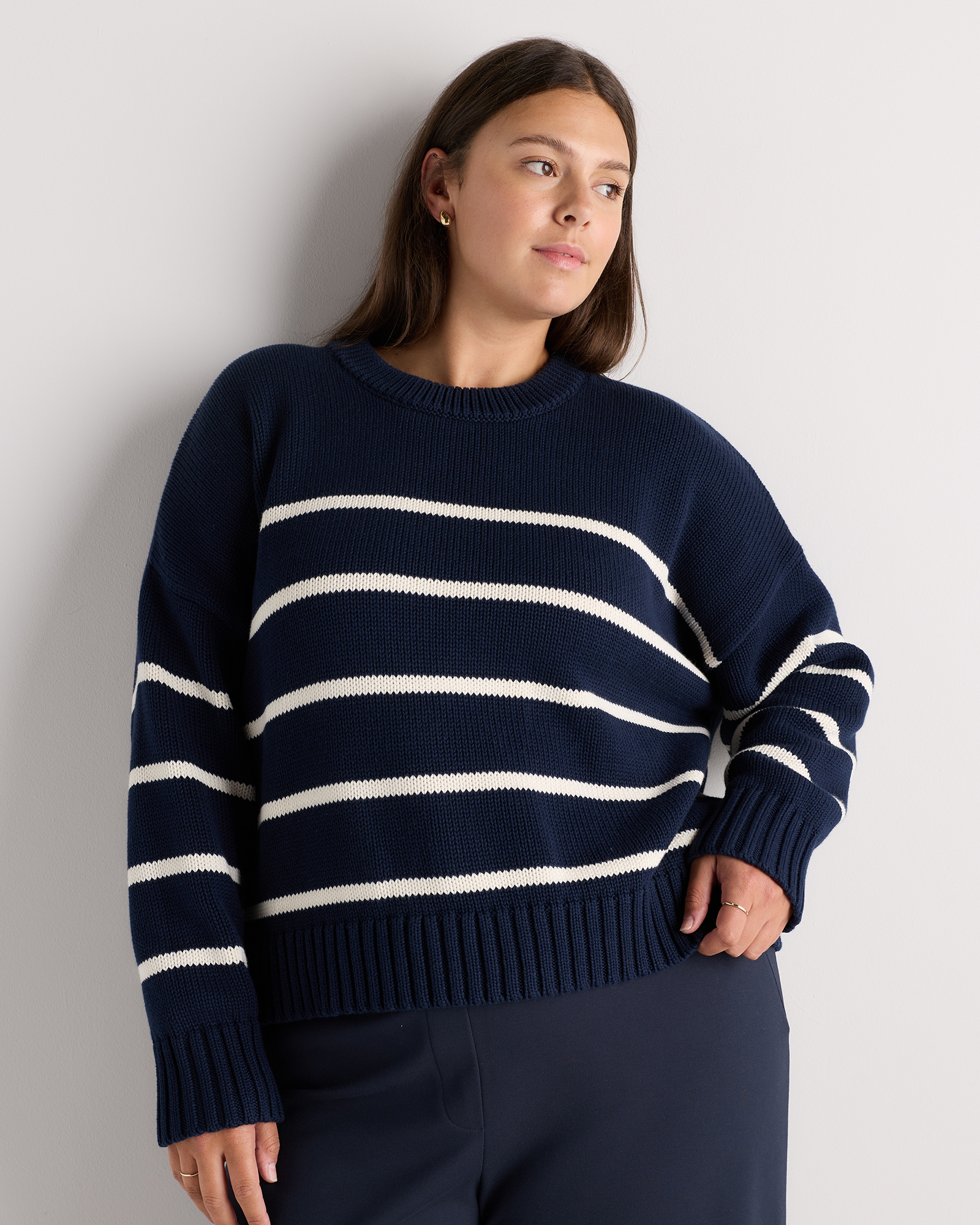 Navy/White Women's Plus Size 100% Organic Cotton Striped Crew Sweater