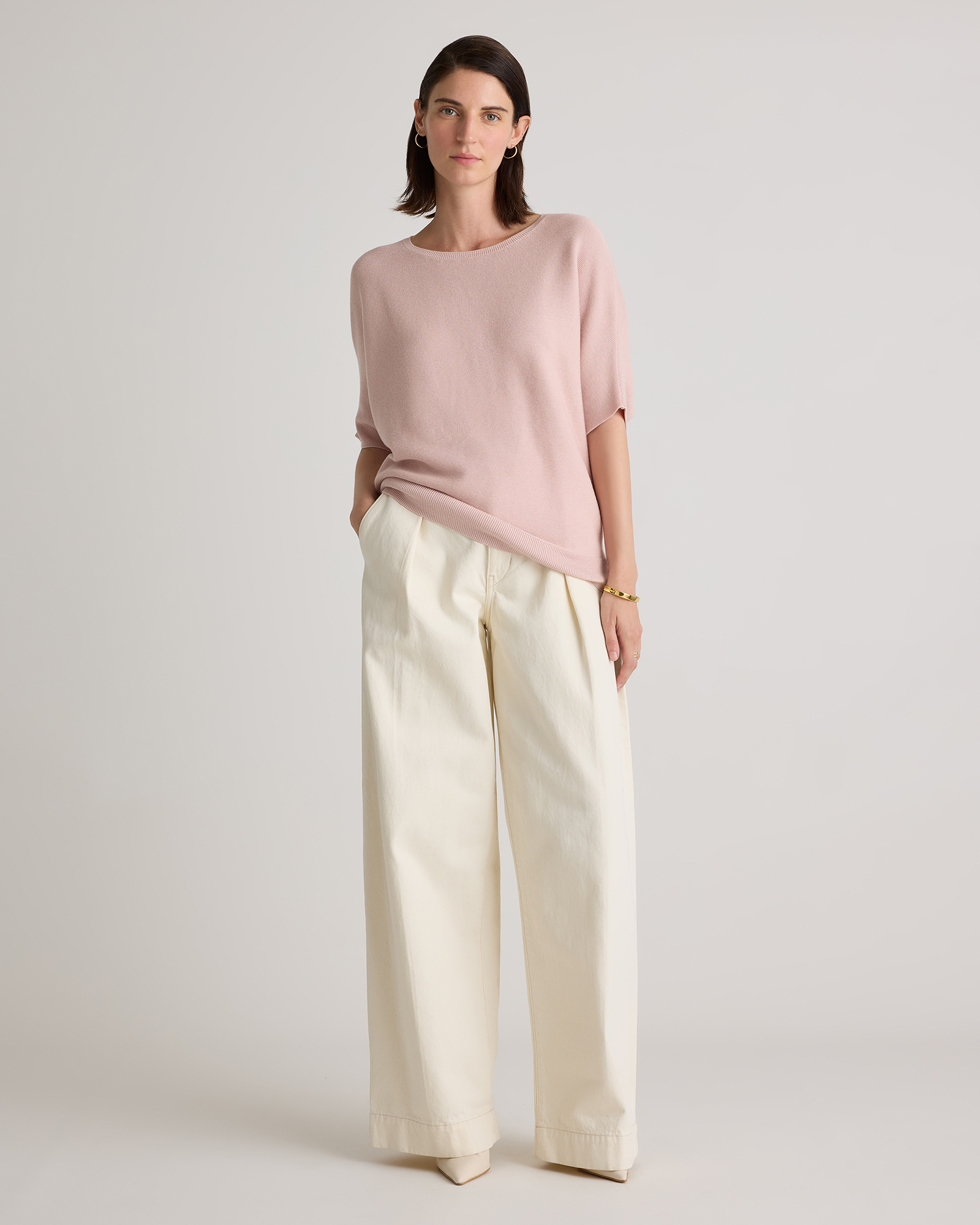 Lightweight Cotton Cashmere Link-Stitch Dolman Sweater in Sugar Stone