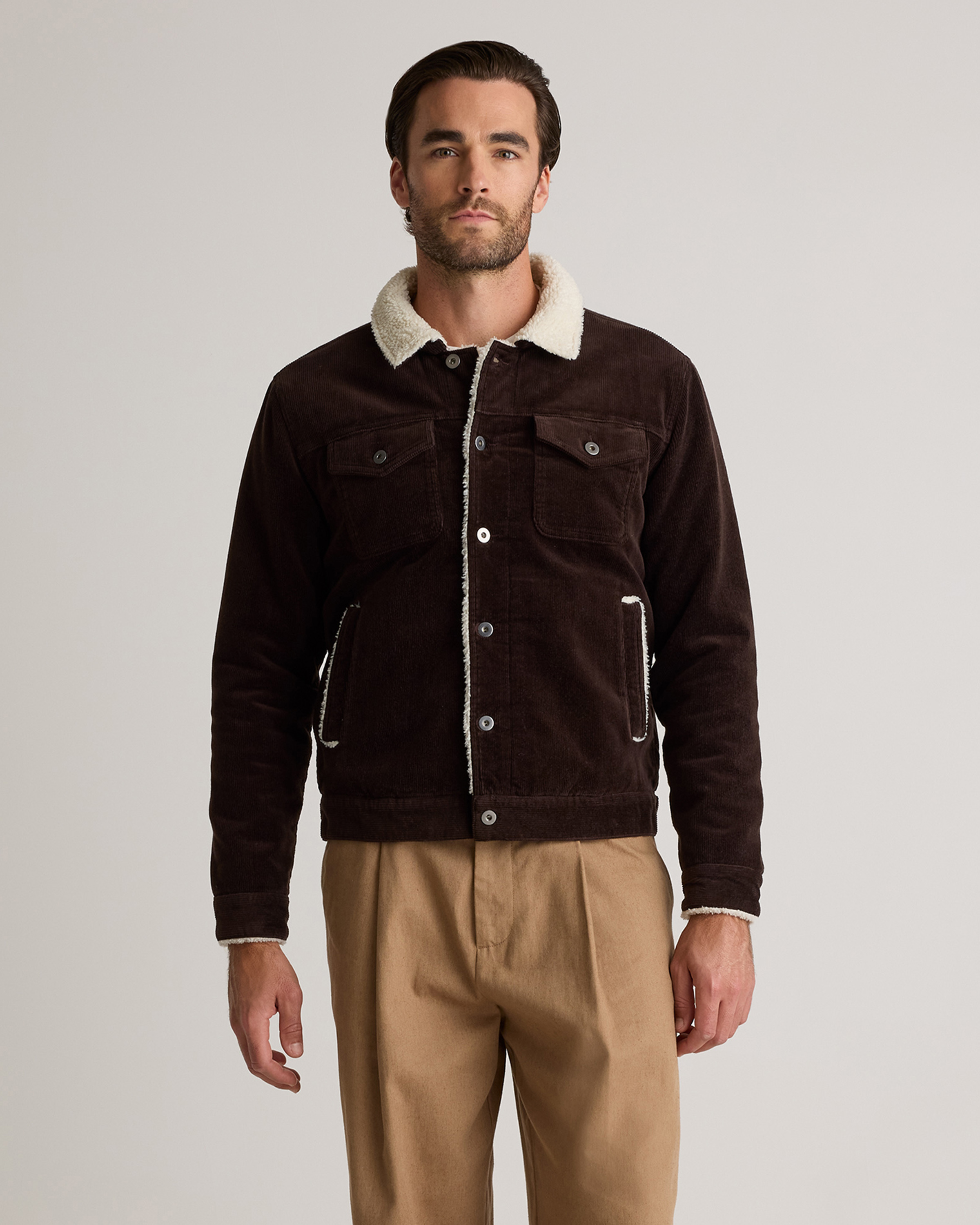 Quince Men's Organic Stretch Corduroy Sherpa-lined Trucker Jacket In Espresso