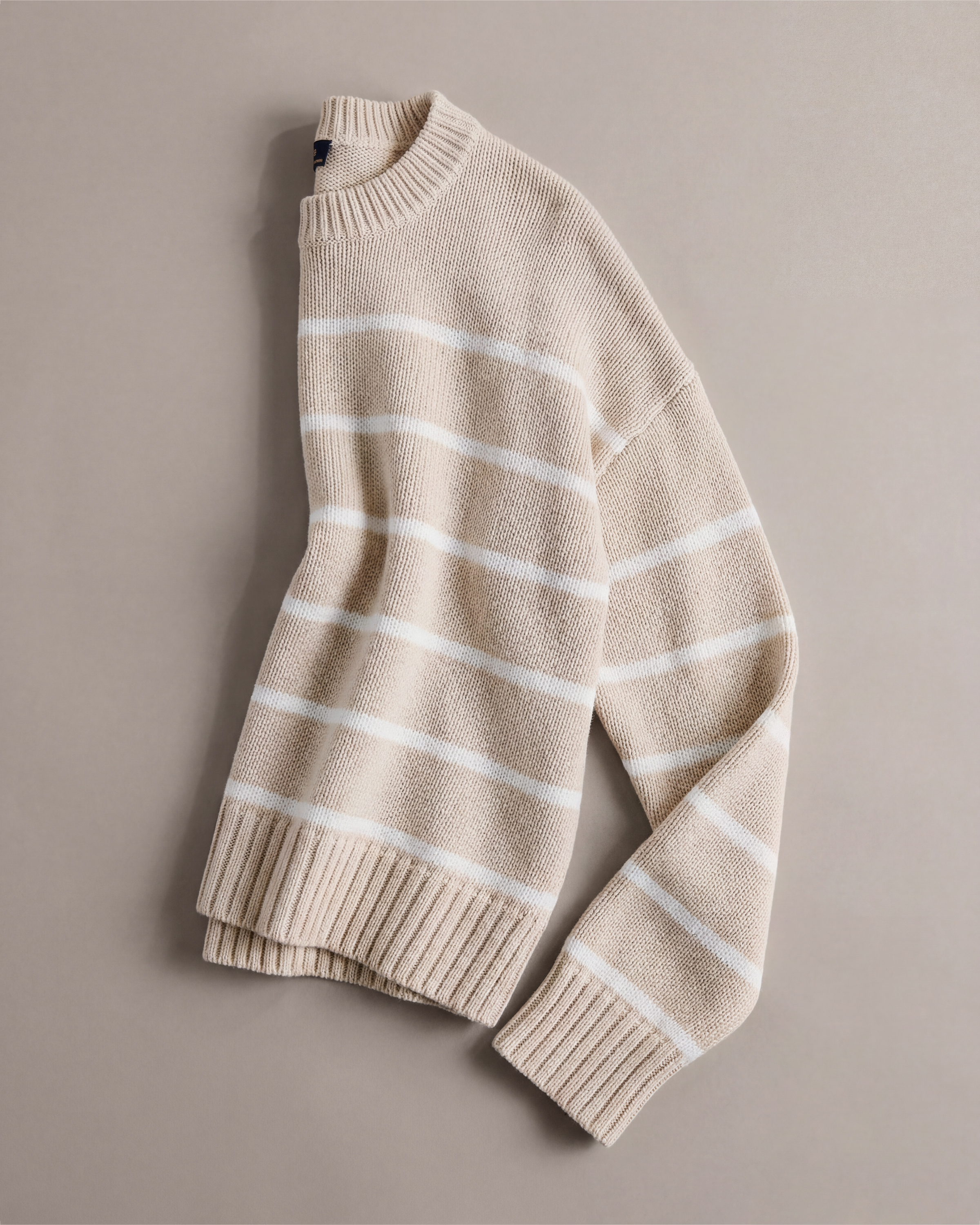 Speckled Beige/Ivory 100% Organic Cotton Striped Crew Sweater