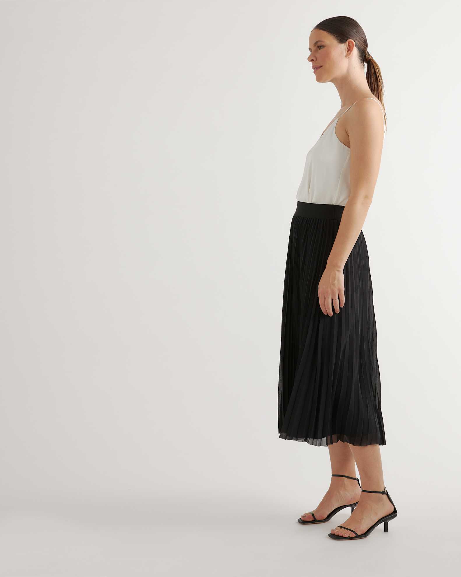 Chiffon Pleated Midi Skirt in Black - Main Image
