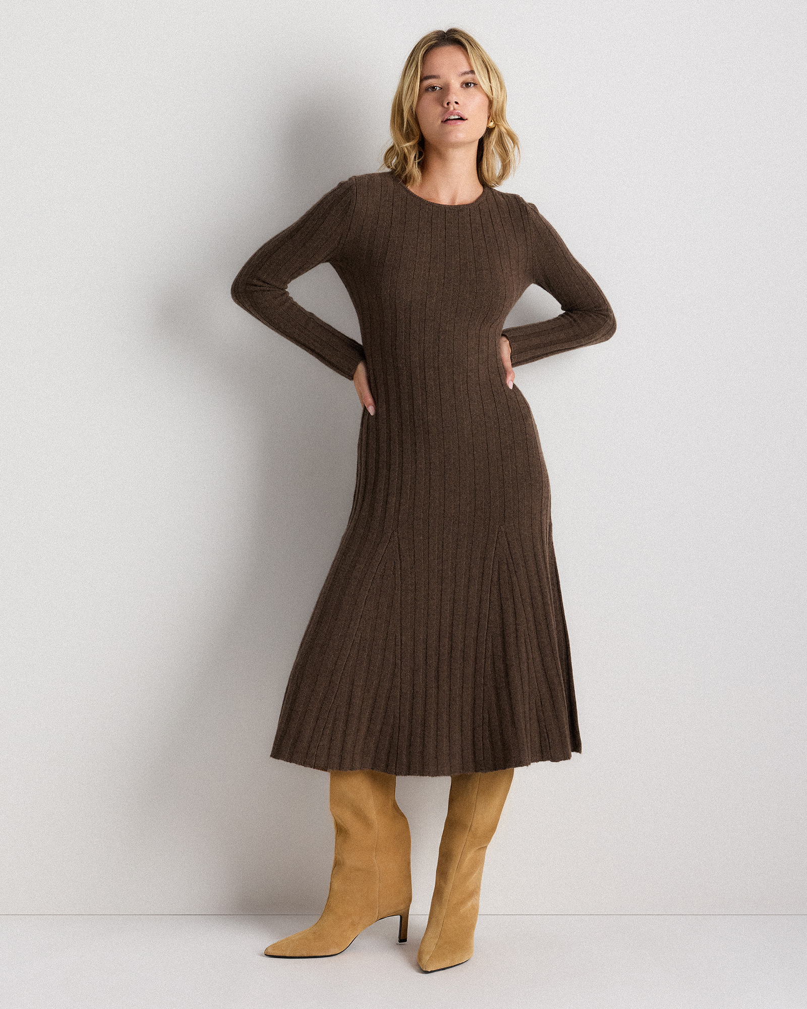 Brown Mongolian Cashmere Wide-Rib Midi Dress