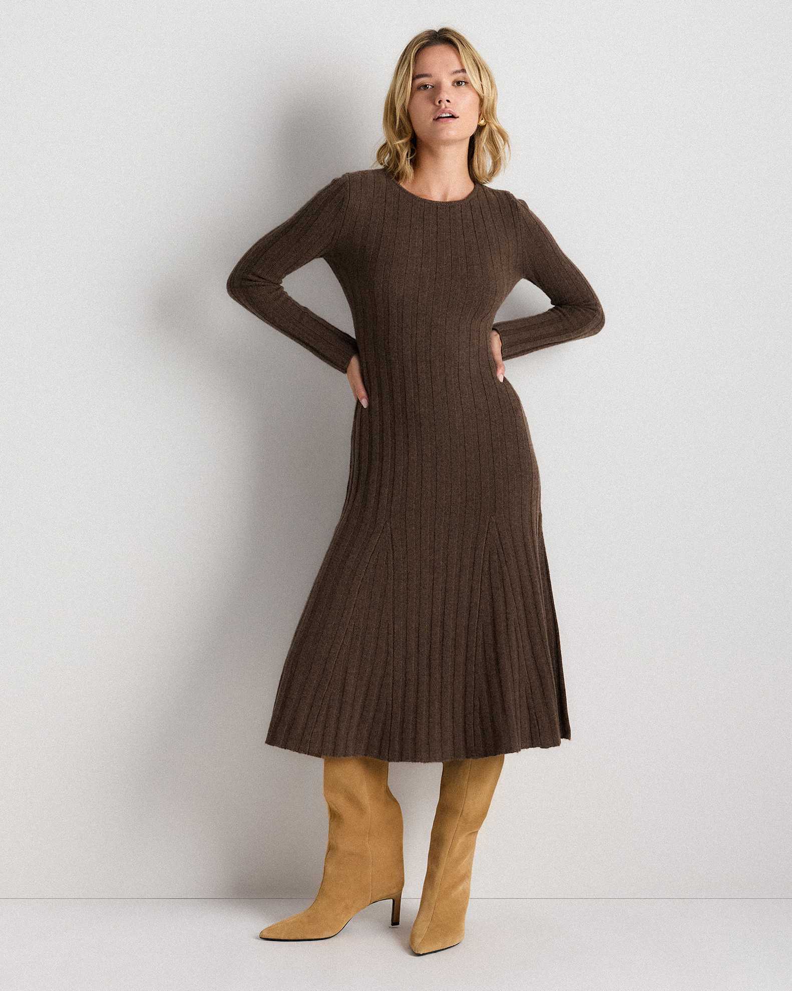 Mongolian Cashmere Wide-Rib Midi Dress in Brown Mongolian Cashmere Wide-Rib Midi Dress in Brown