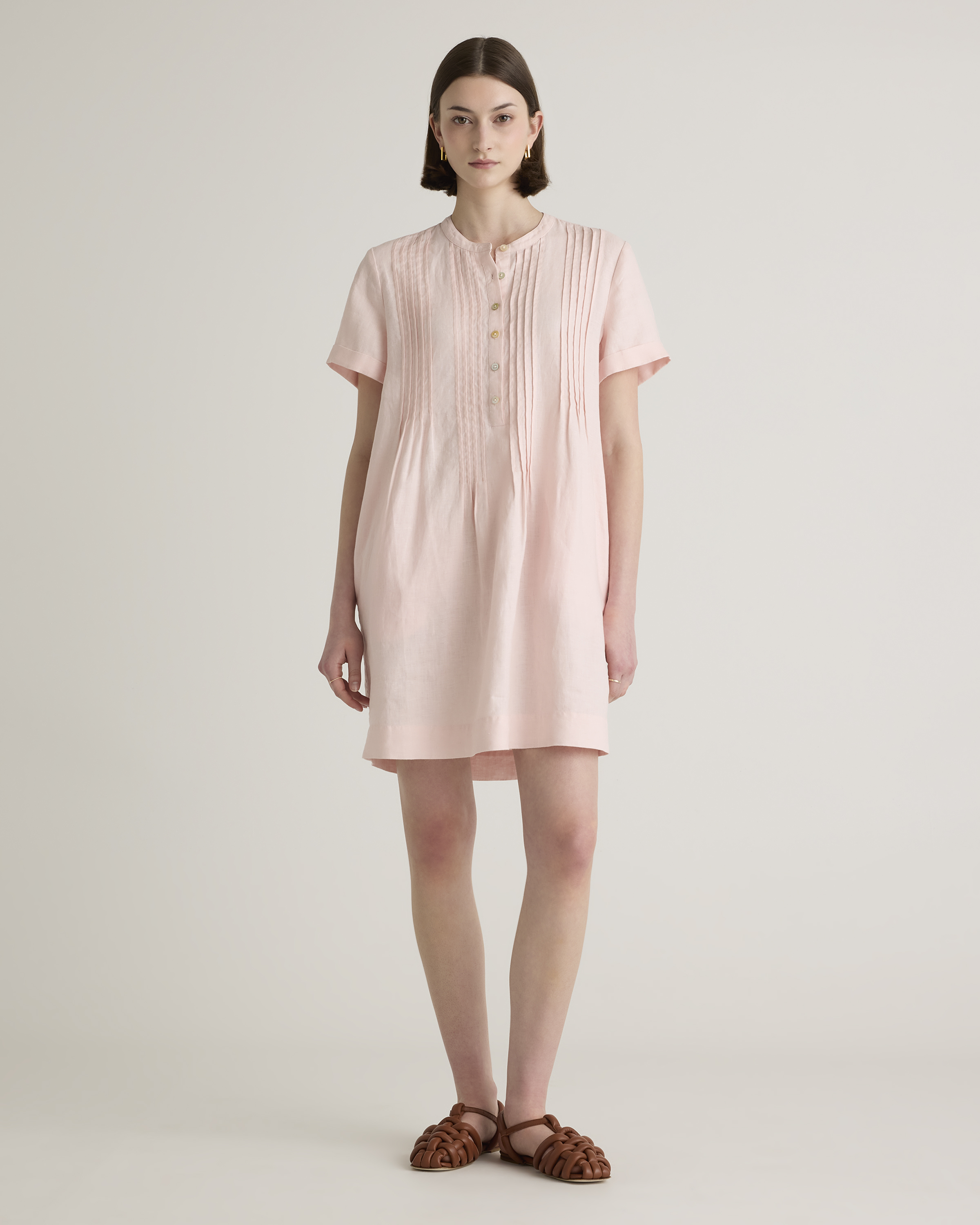 Pale Pink 100% European Linen Short Sleeve Swing Dress