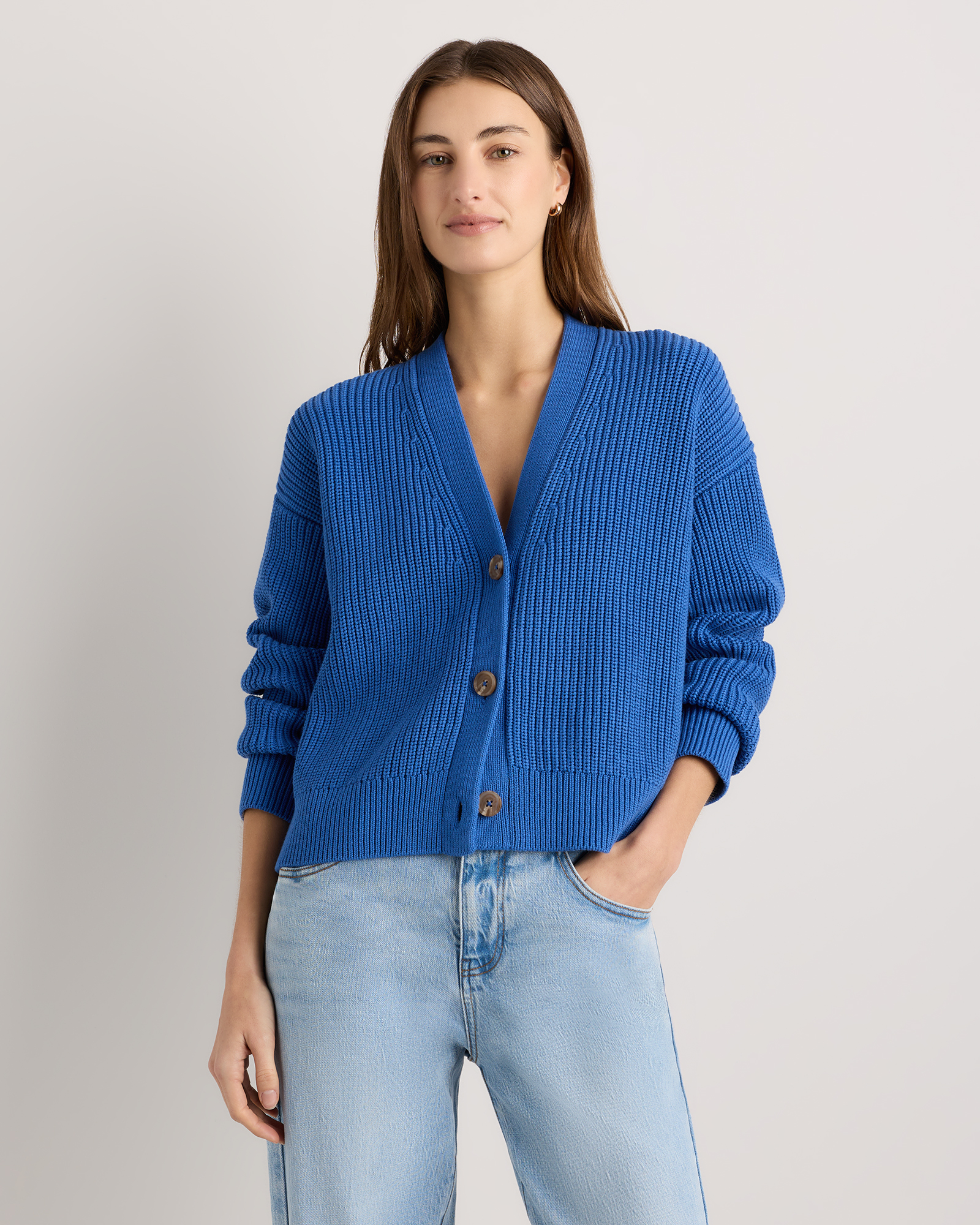 Sapphire Blue 100% Organic Cotton Fisherman Boxy Cropped Cardigan
