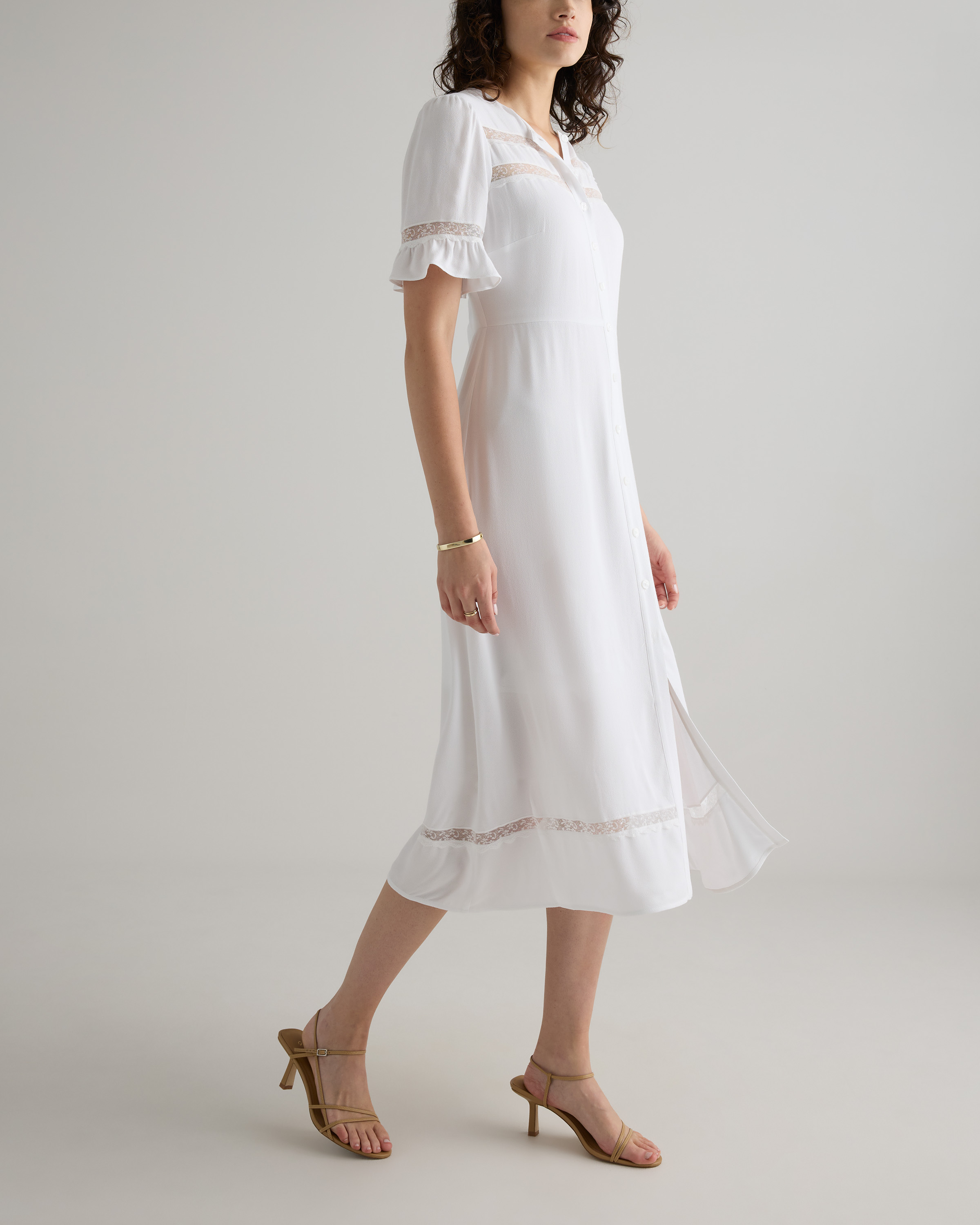 Women's Lightweight Crepe Lace Inset Midi Dress in Ivory, Size Small, Viscose by Quince