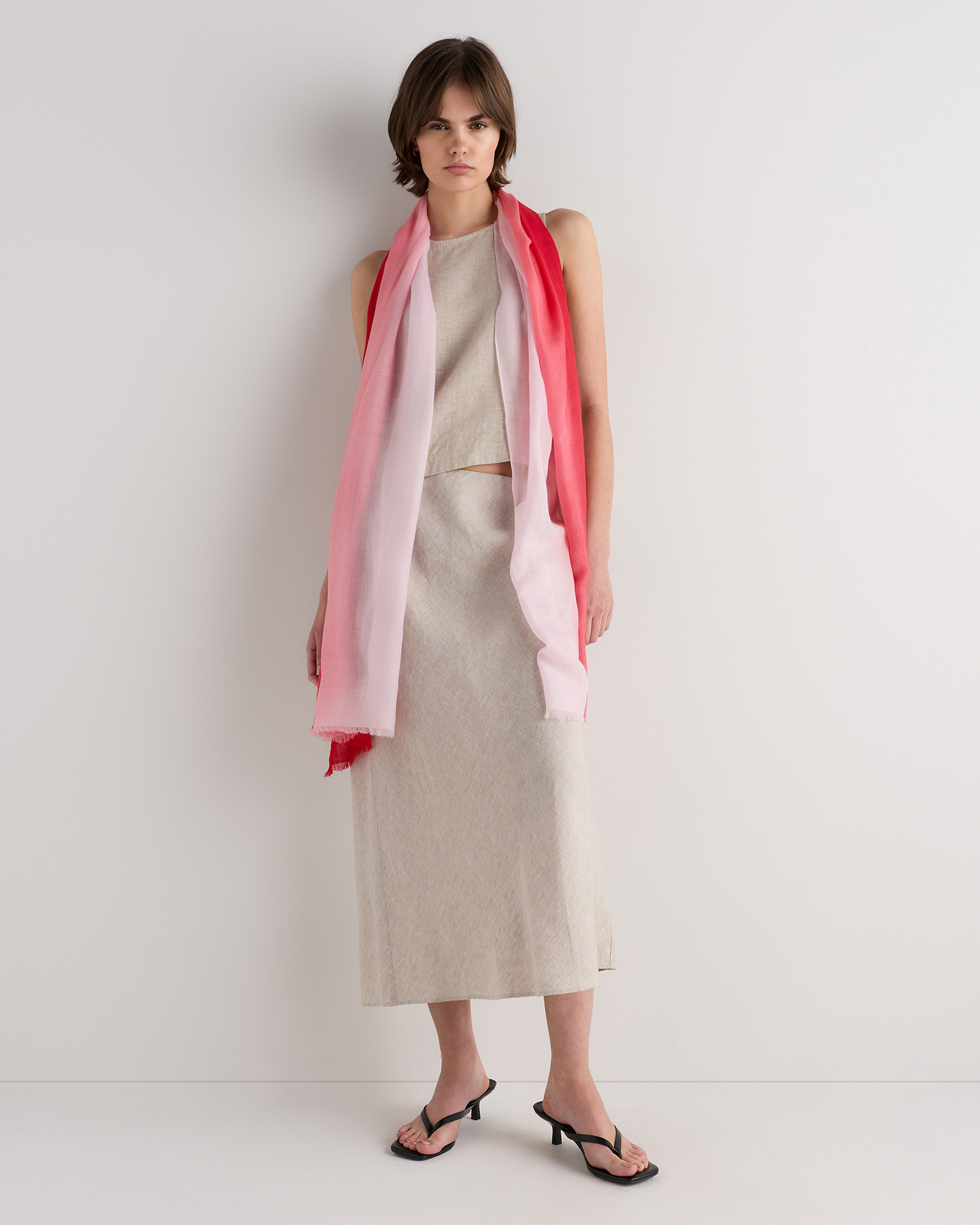 Powder Pink/Red Coral Featherweight Merino Wool Dip-Dye Scarf