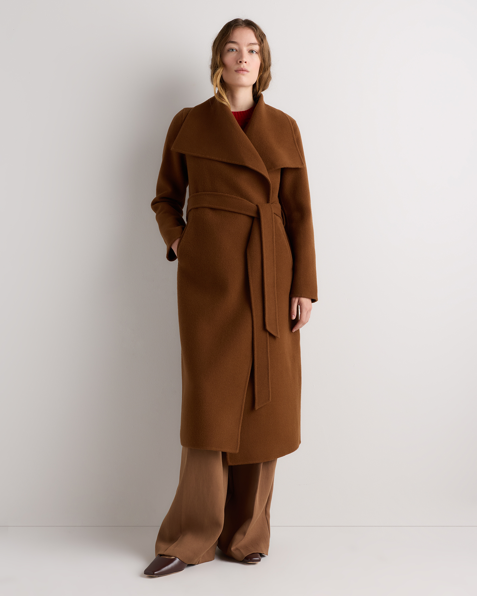 Double-Faced Merino Wool Draped Collar Wrap Coat in Cocoa Melange