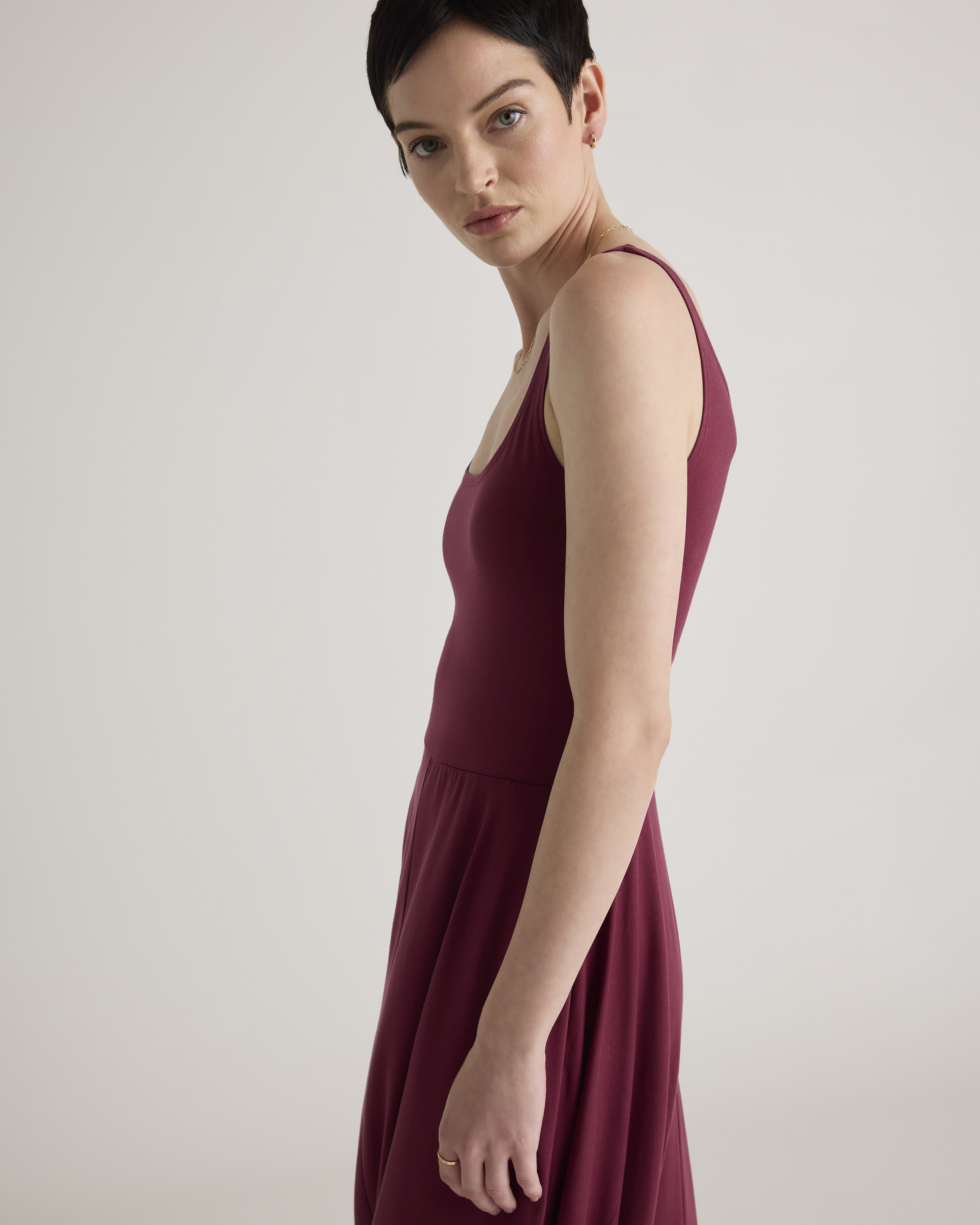 Quince Women's Tencel Jersey Fit & Flare Dress, Wine Color, Size Small - Sleeveless, Scoop Neck, Side-Seam Pockets