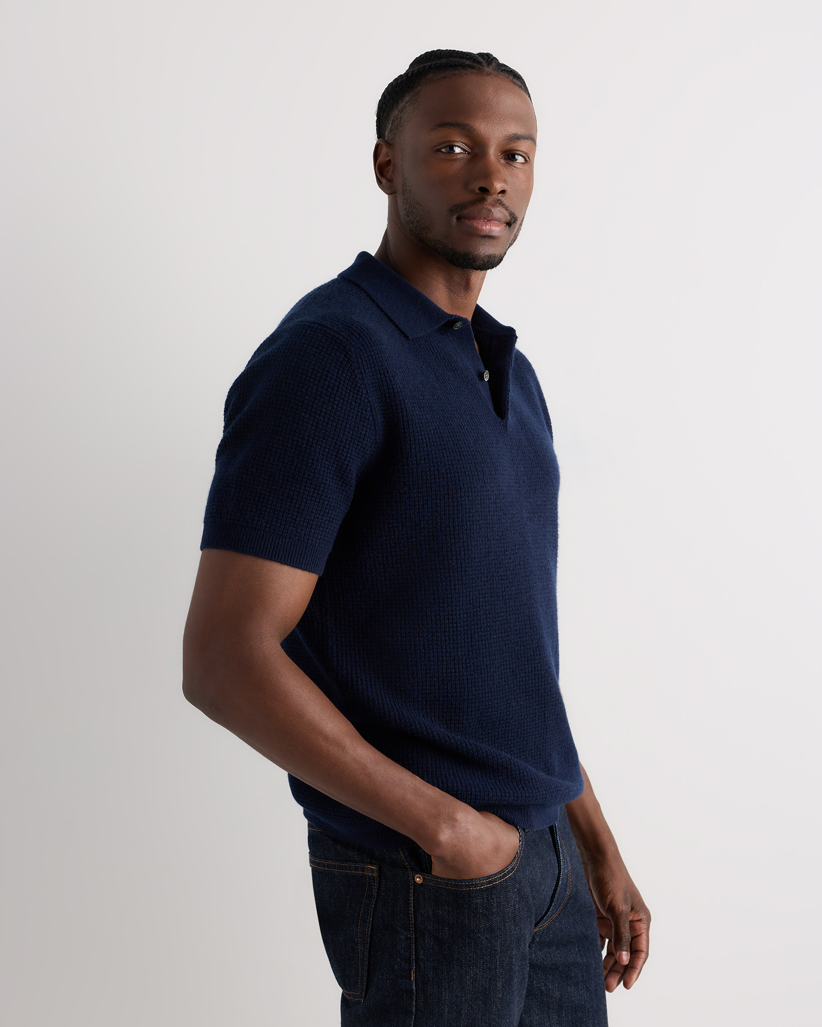 Men's Mongolian Cashmere Waffle Short Sleeve Polo Sweater in True Navy