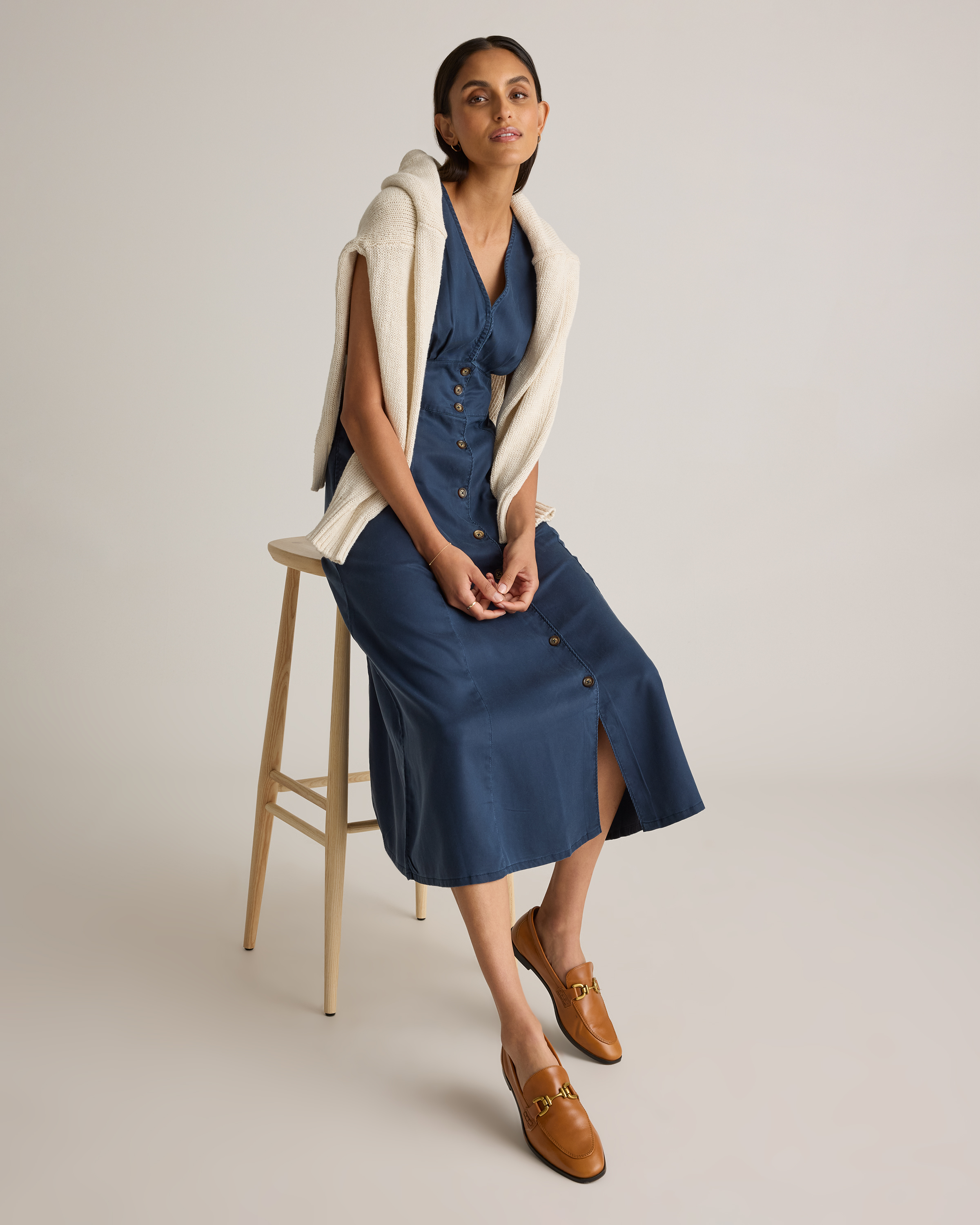 Quince Women's Vintage Wash Tencel Midi Dress, Button Front, A-Line, Eco-Friendly, Midnight Blue, Size Medium