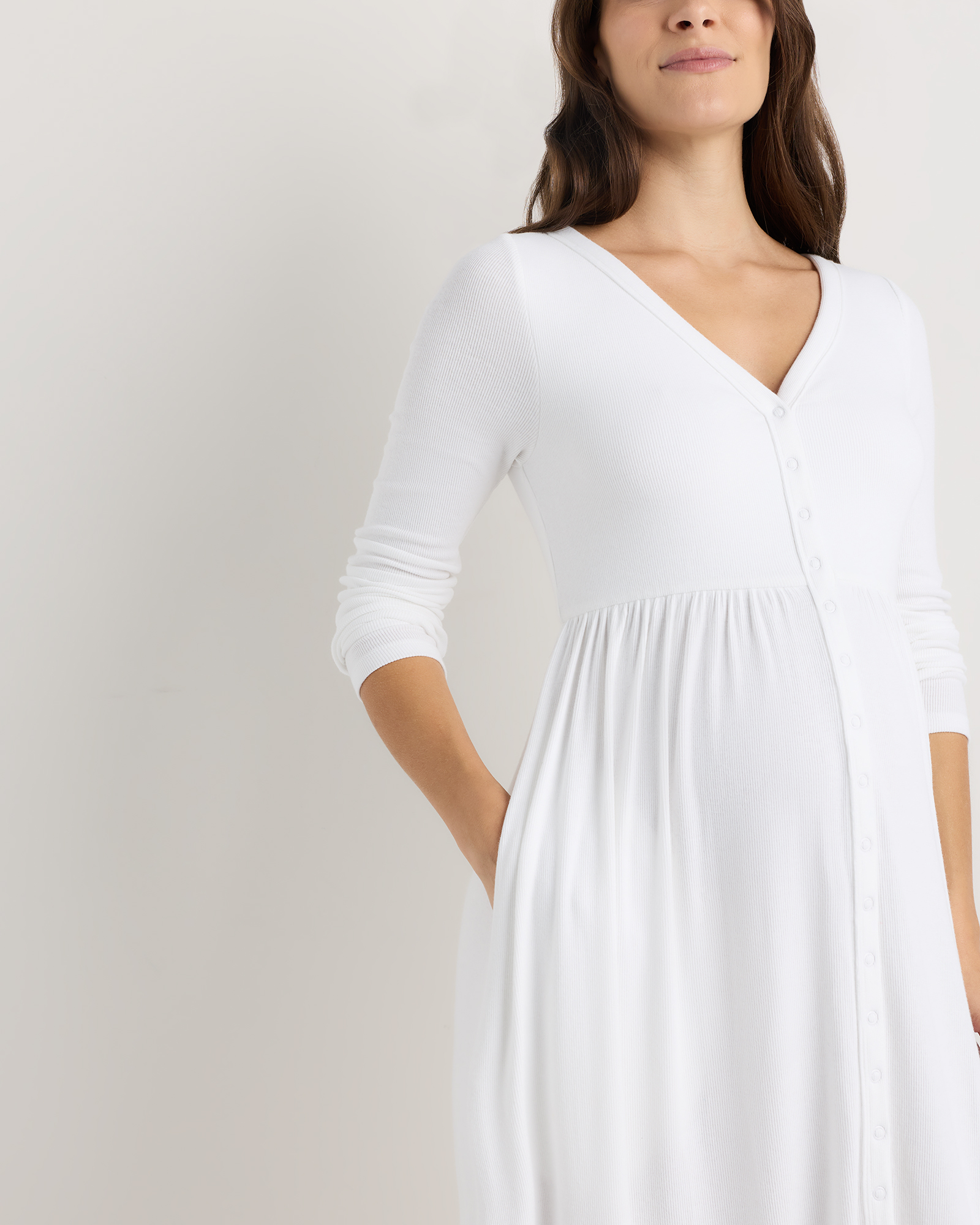 Bamboo Rib Maternity Long Sleeve Button Front Dress - Maternity