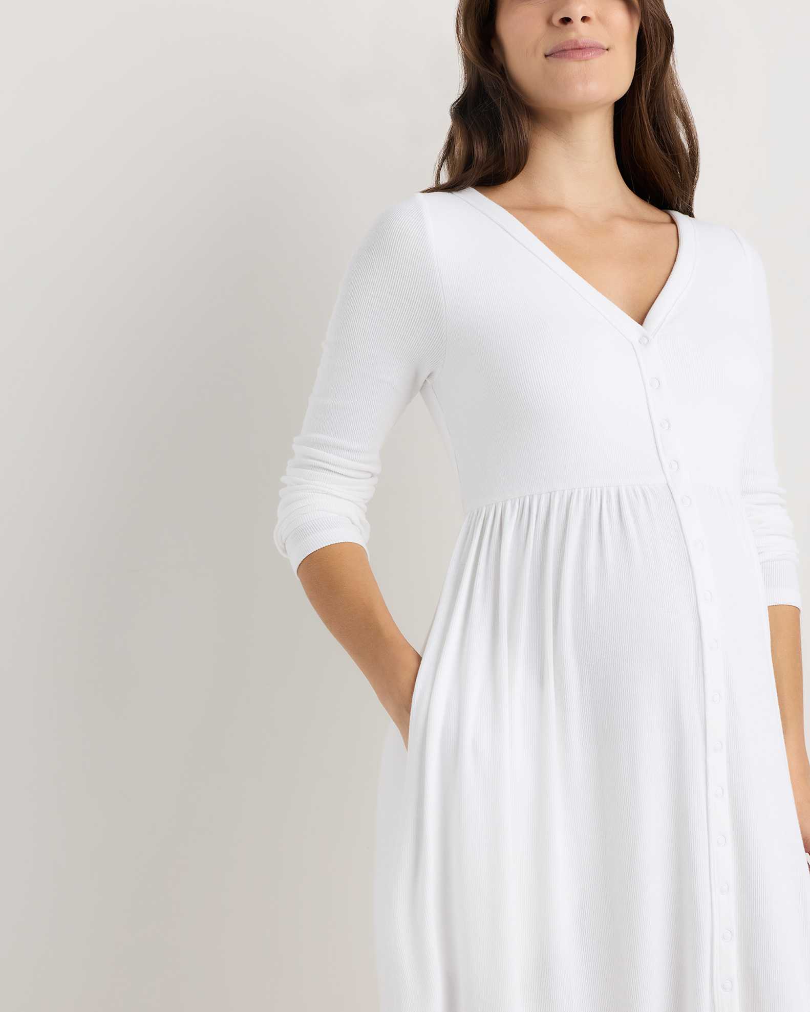 Bamboo Rib Maternity Long Sleeve Button Front Dress - Maternity in Classic White Bamboo Rib Maternity Long Sleeve Button Front Dress - Maternity in Classic White