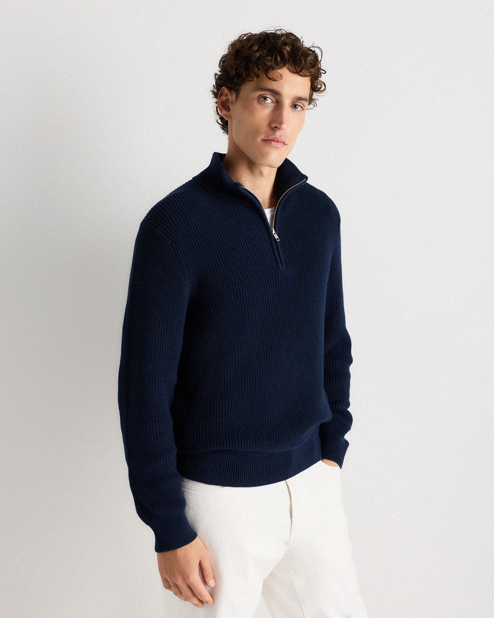 Navy 100% Organic Cotton Ribbed Quarter-Zip Sweater
