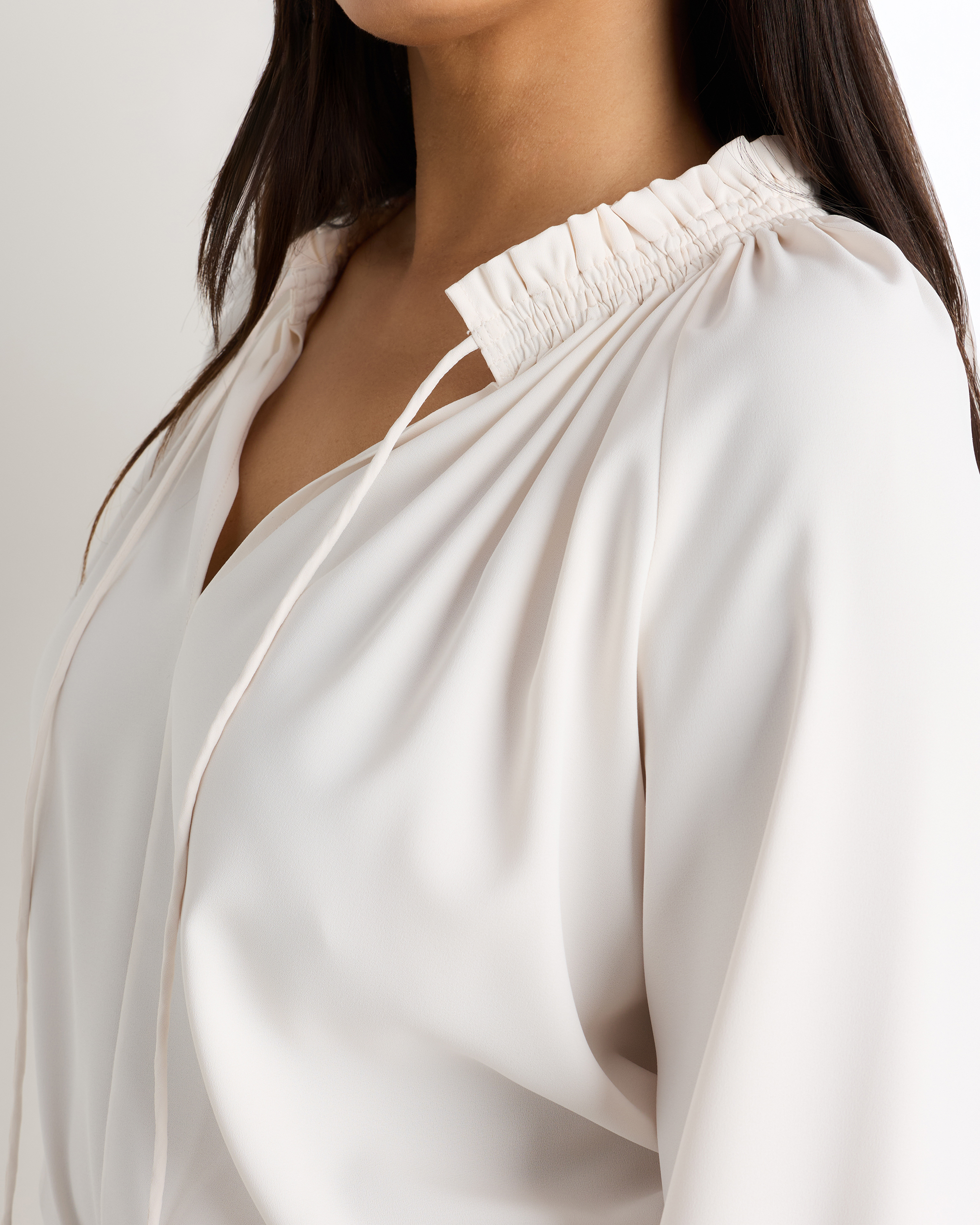 Drapey Chiffon Split Neck Long Sleeve Blouse in Ivory