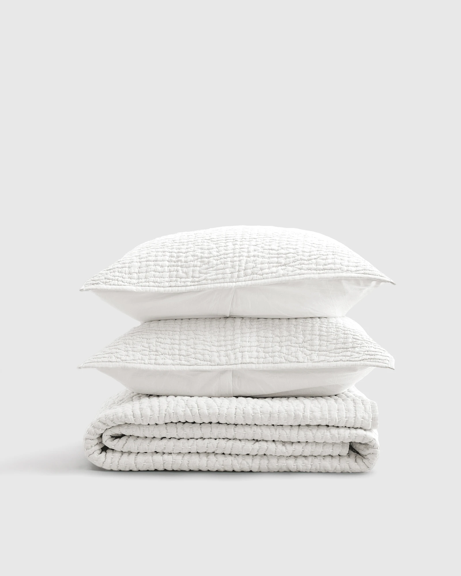 European Linen Cotton Stitch Quilt Set - Ivory, Full/Queen