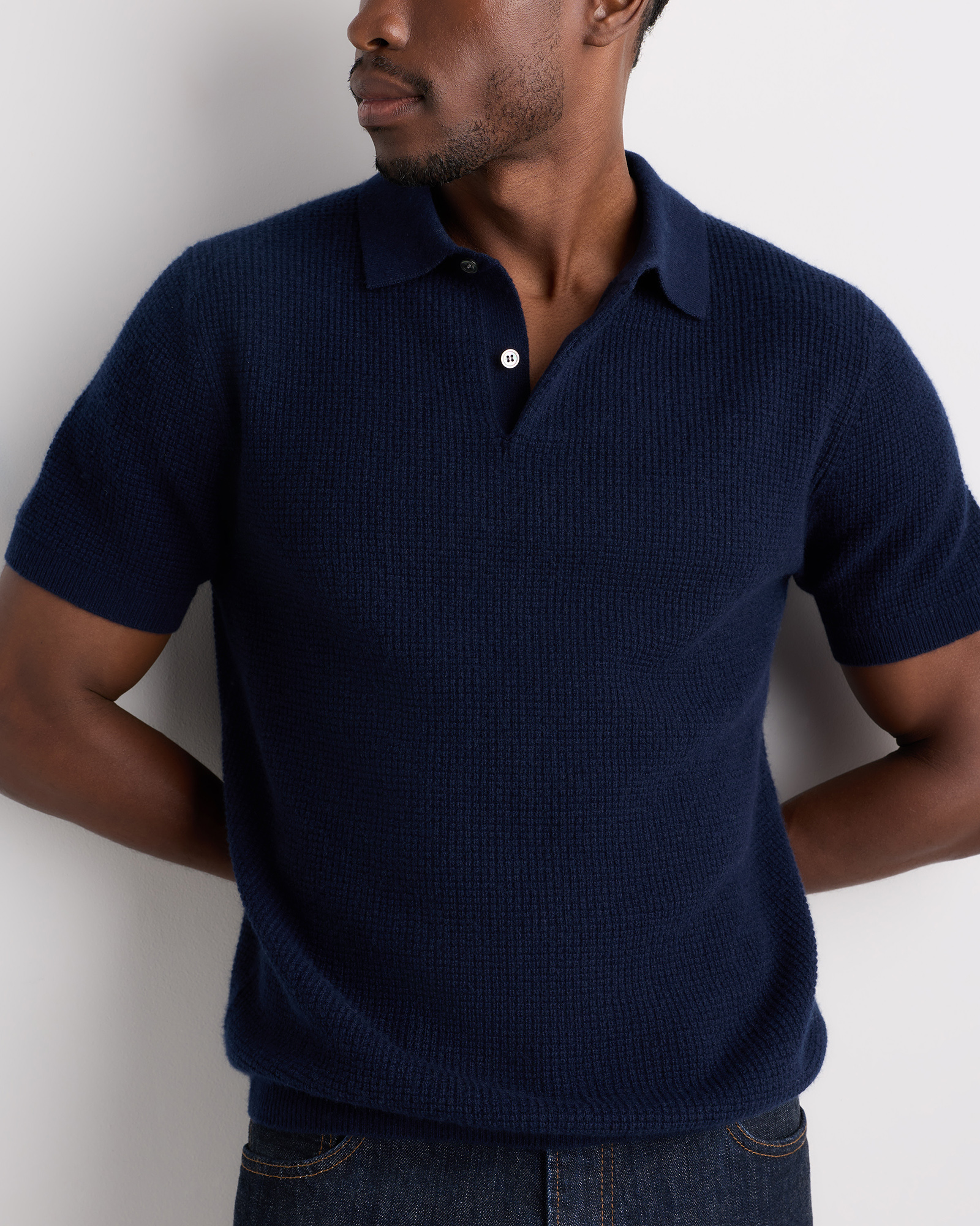 Men's Mongolian Cashmere Waffle Short Sleeve Polo Sweater in True Navy