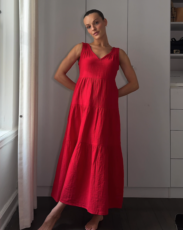 100% Organic Cotton Gauze Tiered Maxi Dress - PDP Video Thumbnail (Wild Cherry, 4x5)