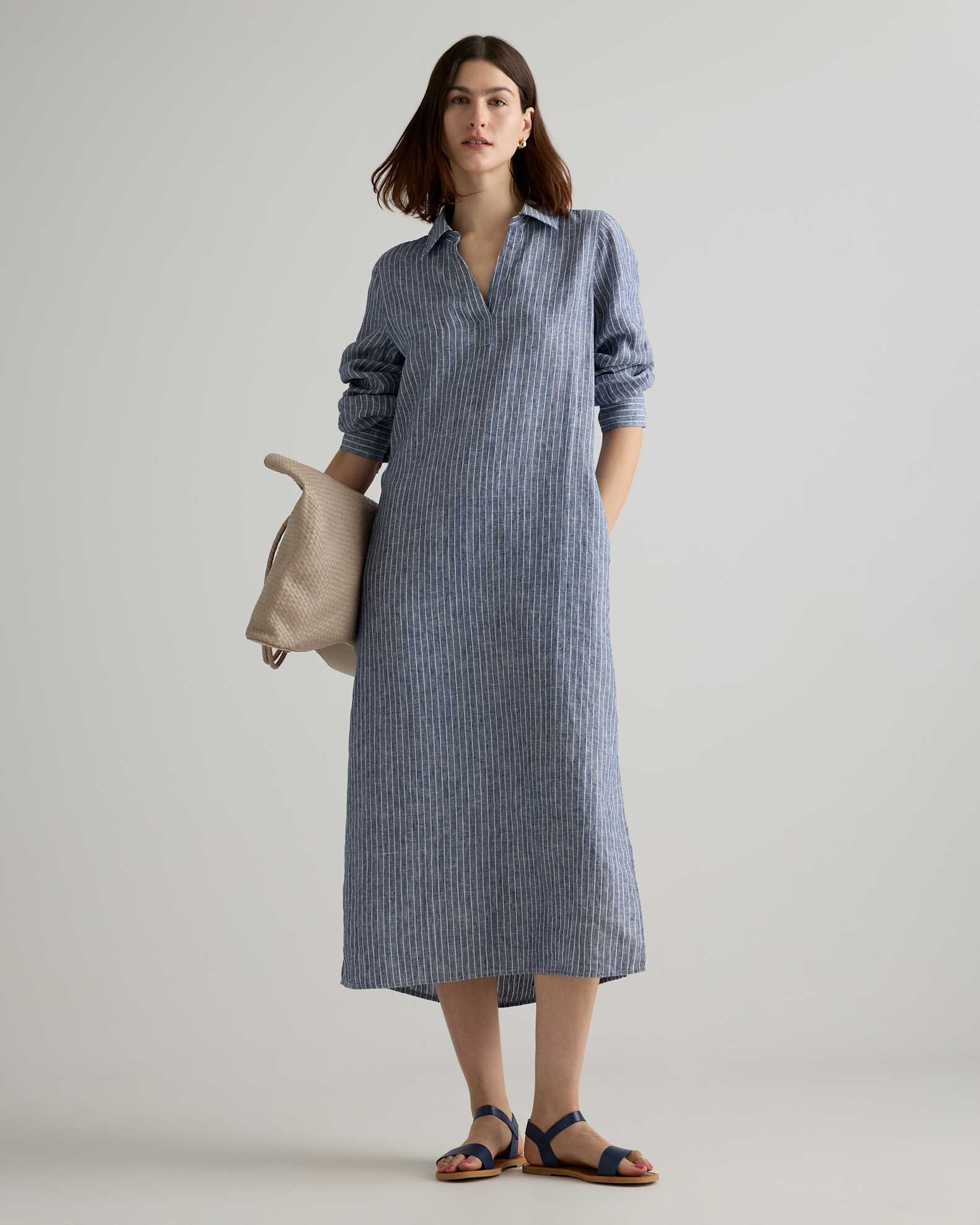 linen popover maxi dress Women's 100% European Linen Popover Maxi Dress in Blue Pinstripe, Size Medium by Quince