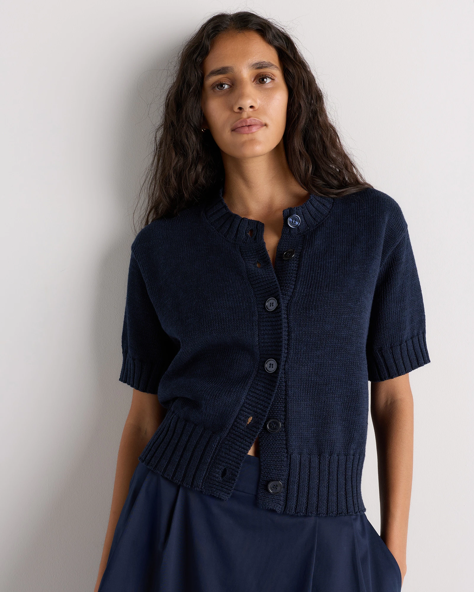 Quince Cotton Linen Short Sleeve Cardigan in Sandstone Beige