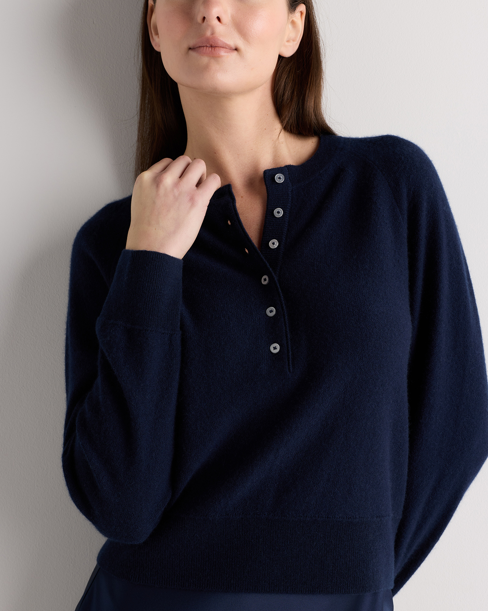 100% Mongolian Cashmere Dolman Sleeve Henley Sweater in True Navy