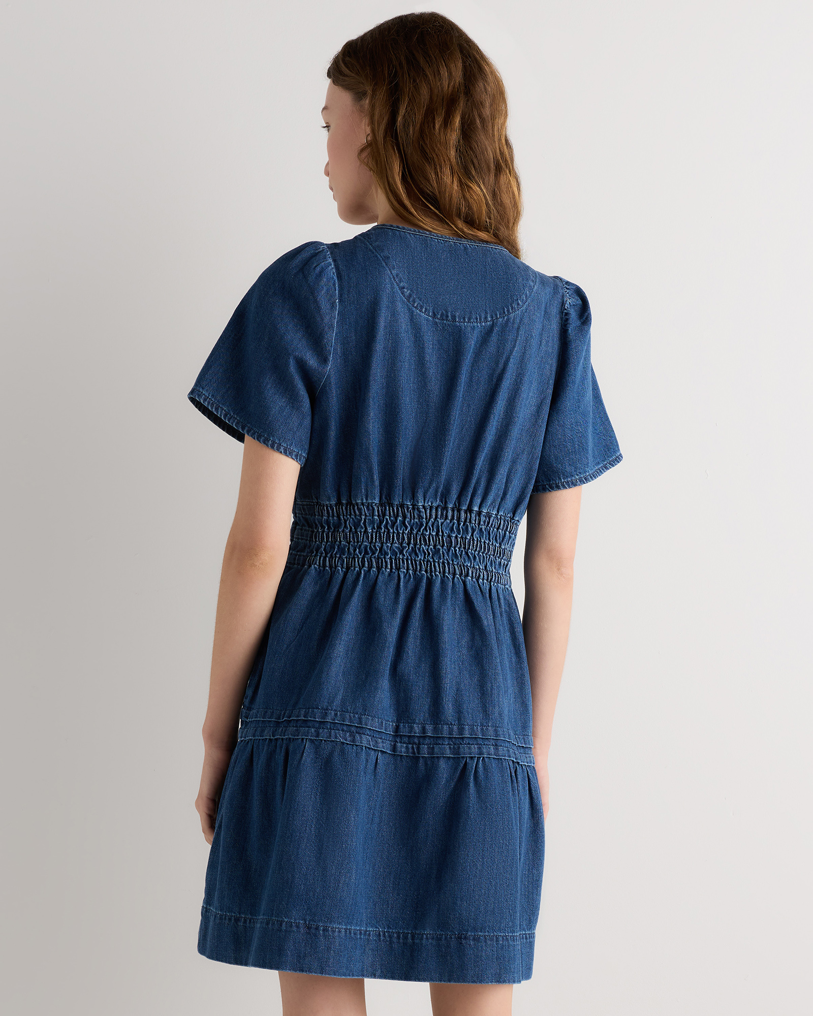 Organic Denim Tiered Mini Dress in Classic Indigo Blue
