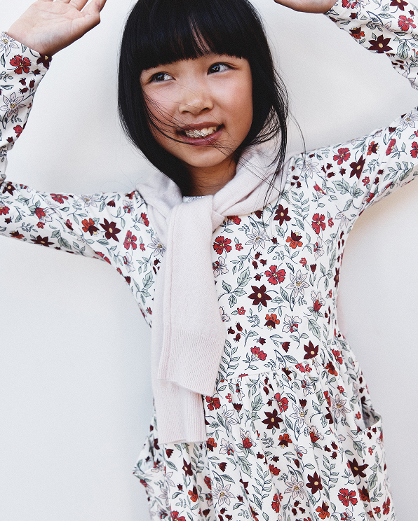 Floral Vines Organic Cotton Long Sleeve Fit and Flare Pocket Dress 