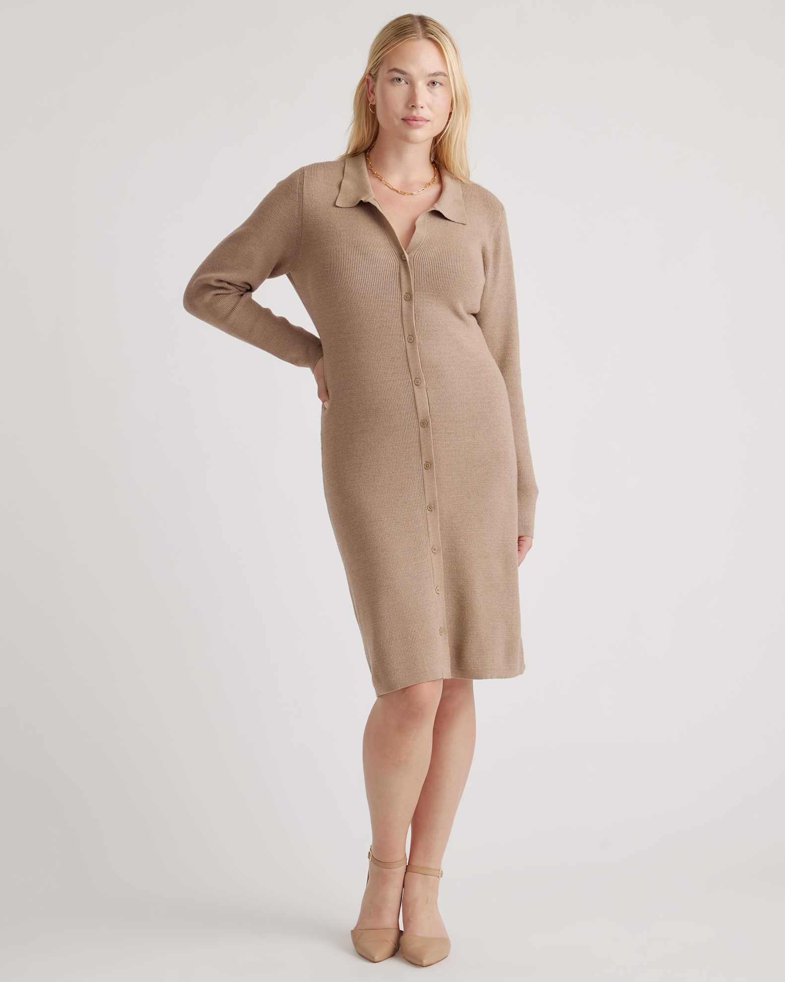 Eco-Knit Button-Up Sweater Dress in Warm Taupe Eco-Knit Button-Up Sweater Dress in Warm Taupe