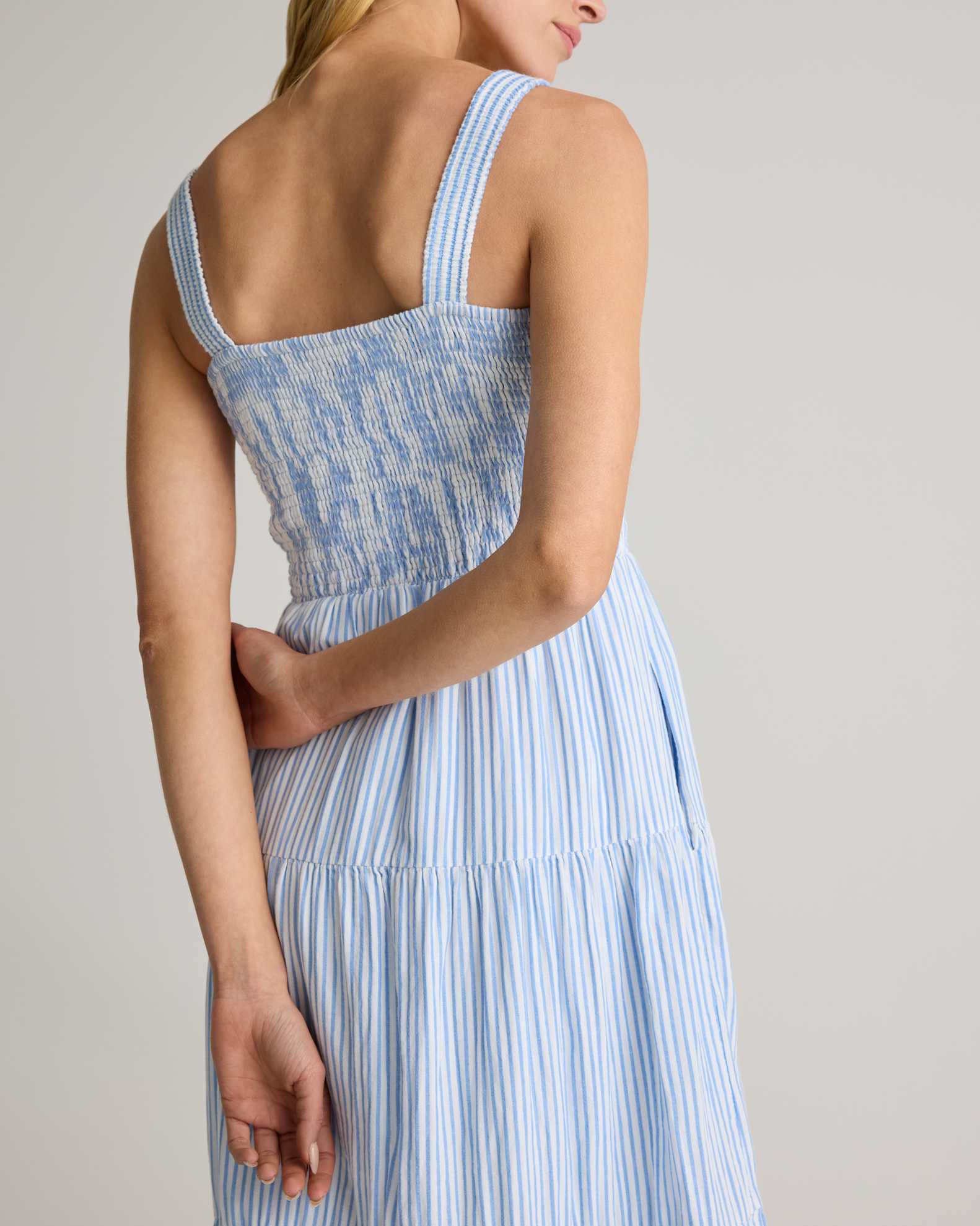 100% Organic Cotton Gauze Smocked Sleeveless Maxi Dress in Bayside Stripe Blue/White 100% Organic Cotton Gauze Smocked Sleeveless Maxi Dress in Bayside Stripe Blue/White