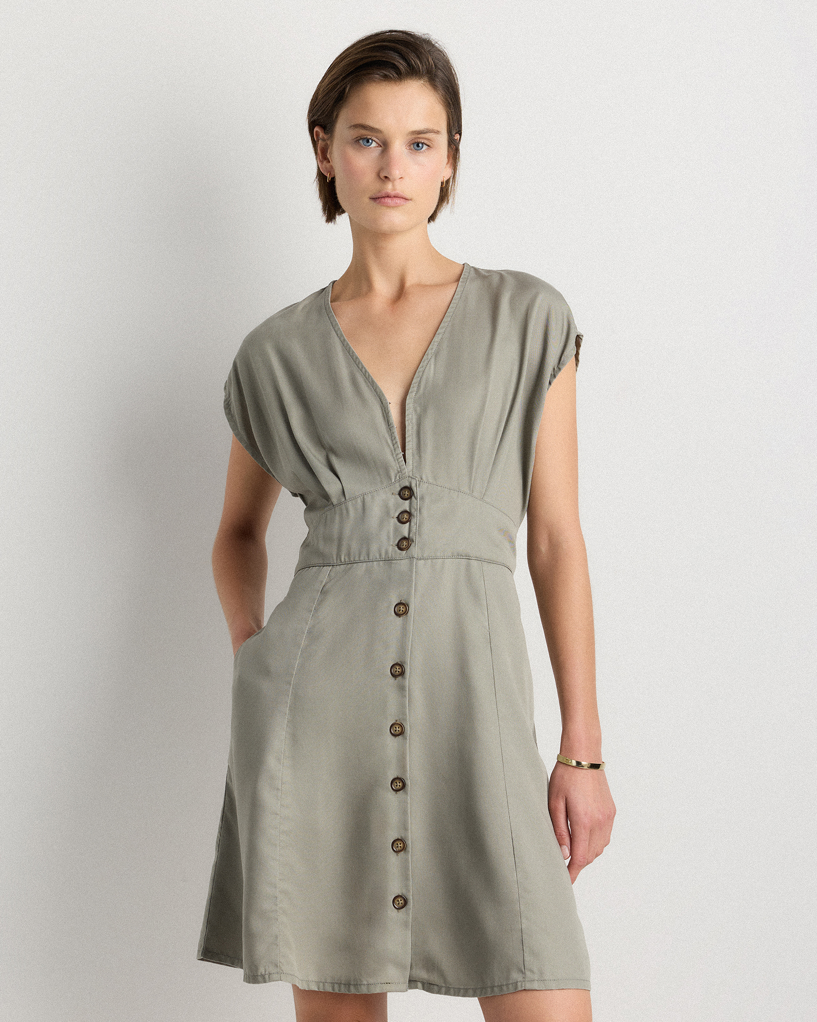 Olive Vintage Wash Tencel Button Front Dress