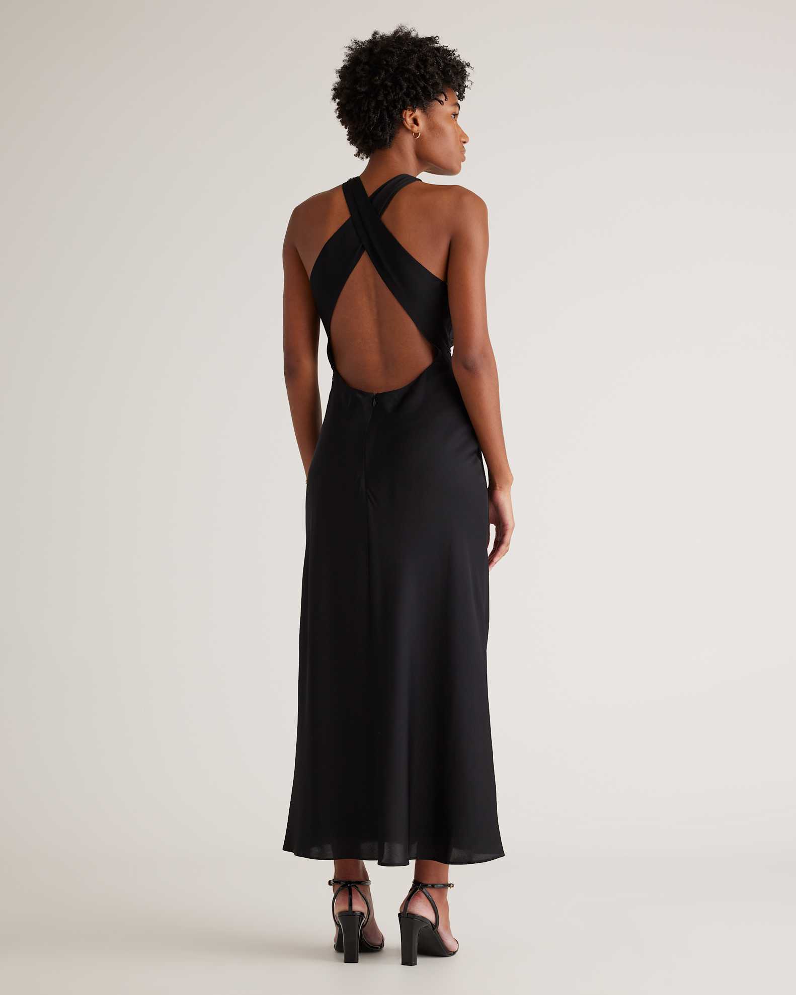 Quince Women's Washable Stretch Silk High Neck Midi Dress, Black, Size Xs - Hypoallergenic, Thermoregulating, Crossed Back Straps Quince Women's Washable Stretch Silk High Neck Midi Dress, Black, Size Xs - Hypoallergenic, Thermoregulating, Crossed Back Straps