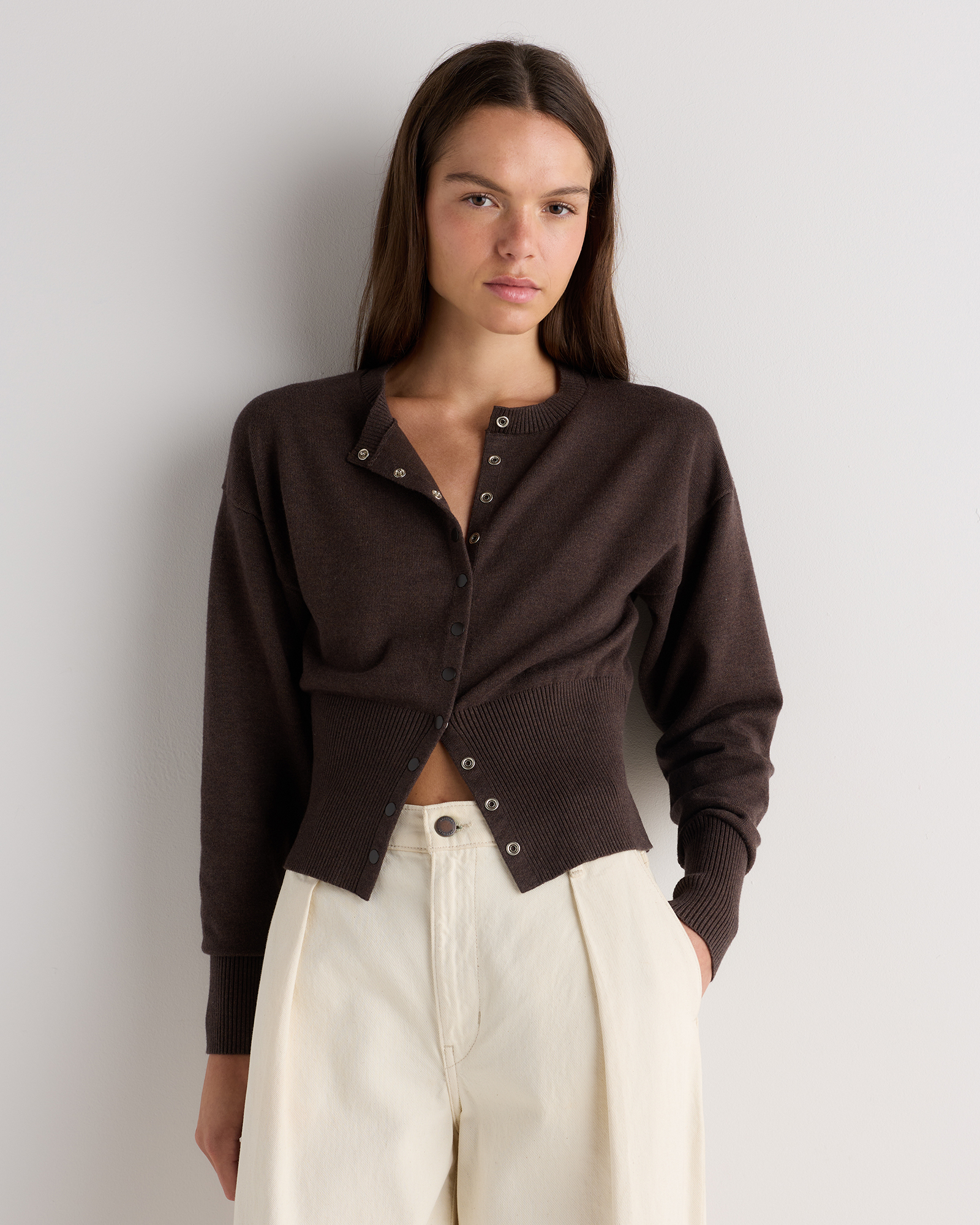Mocha Heather Cotton Cashmere Structured Waist Cardigan