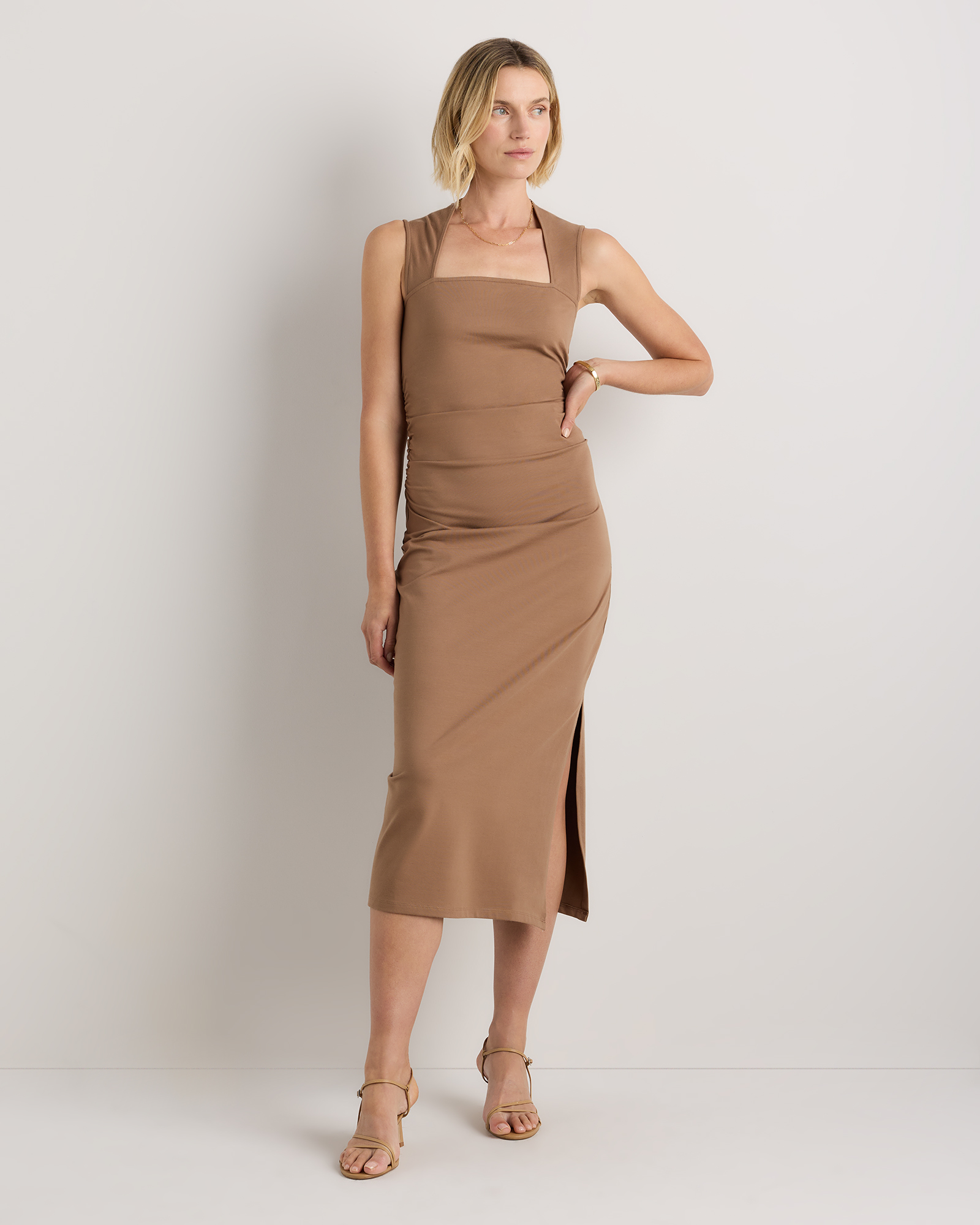 Mocha Brown Stretch Cotton Jersey Square Neck Ruched Midi Dress
