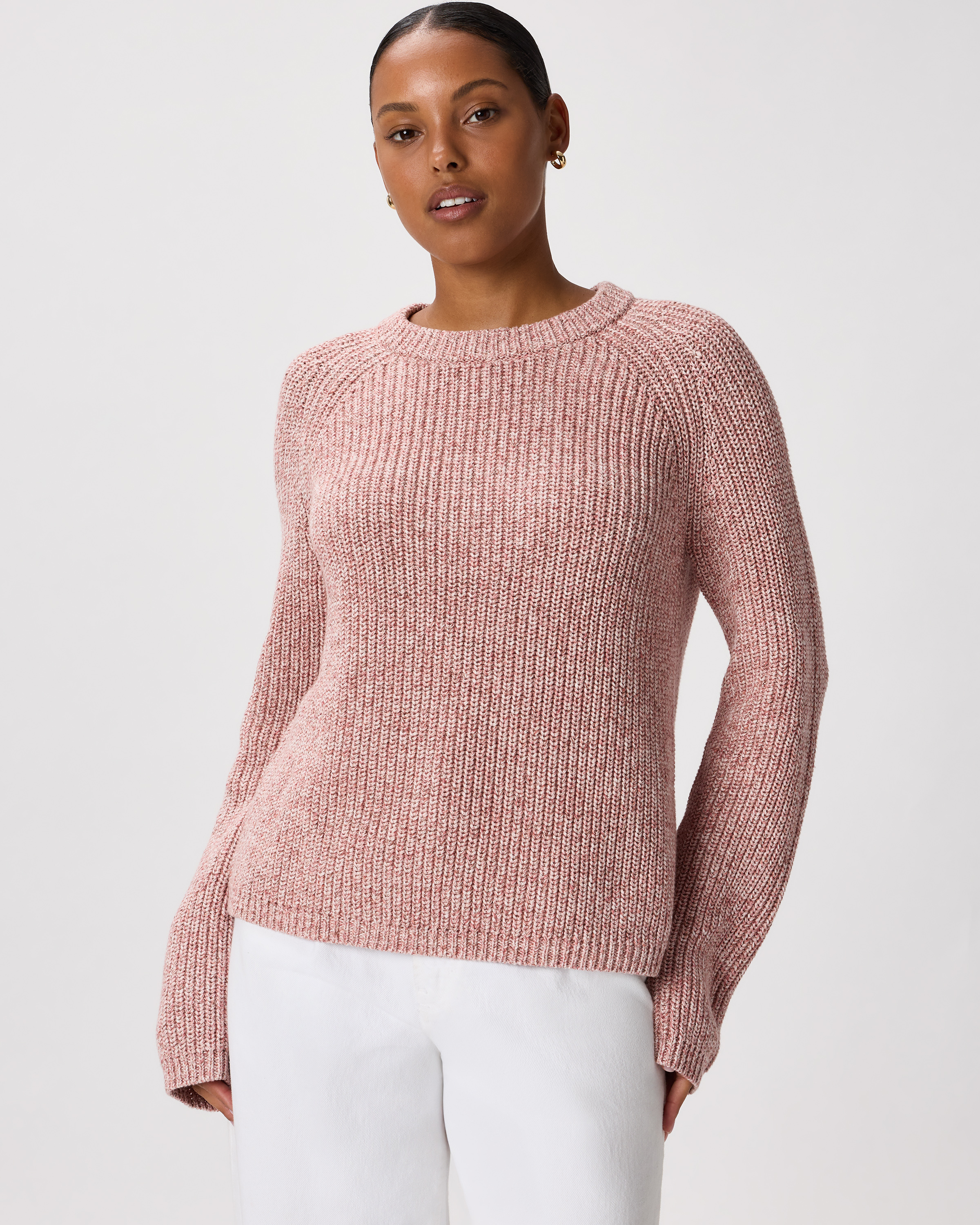 Marled Rose Pink Pull style pêcheur en coton biologique à 100 % à col ras du cou
