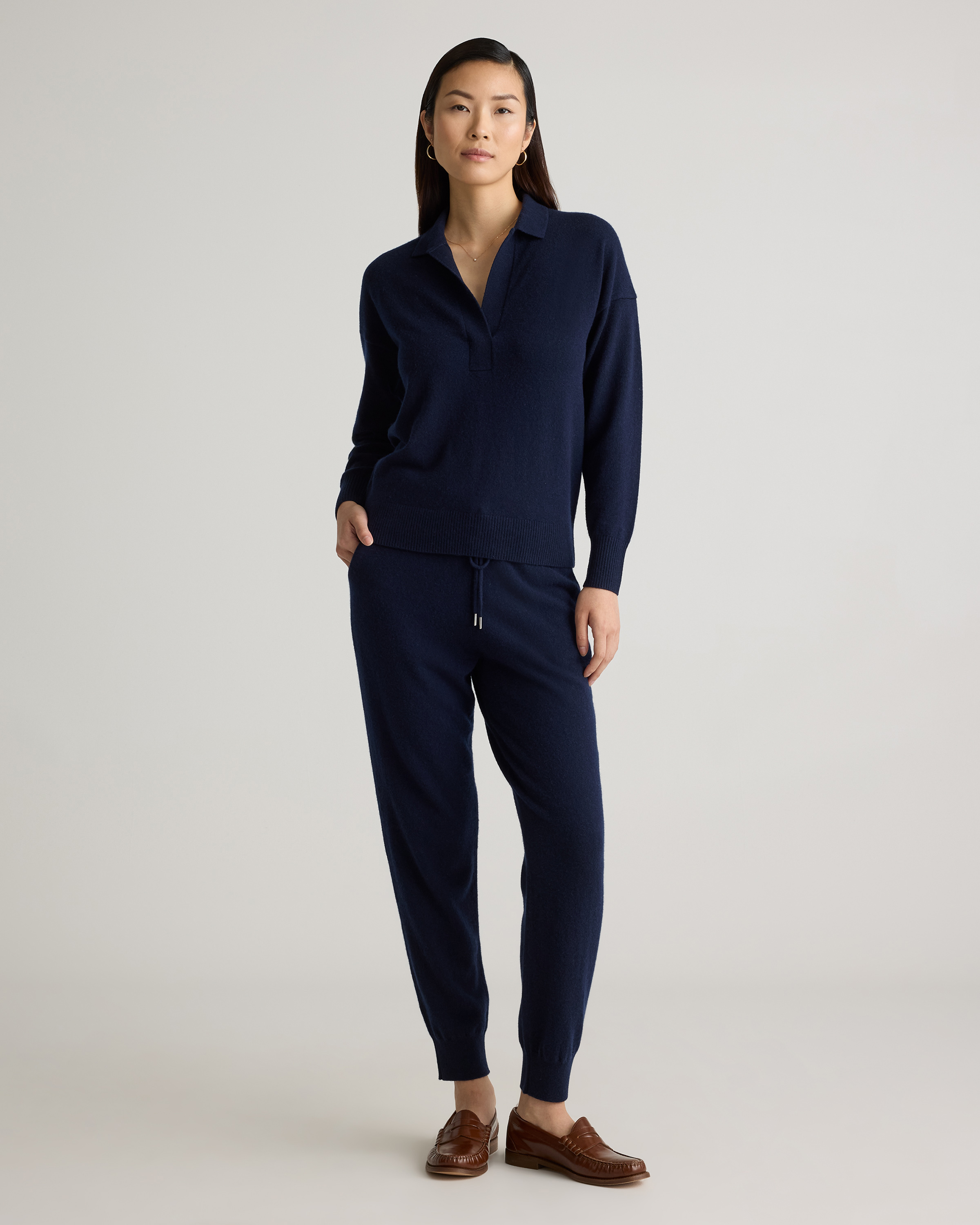 Women's Mongolian Cashmere Polo Sweater in True Navy