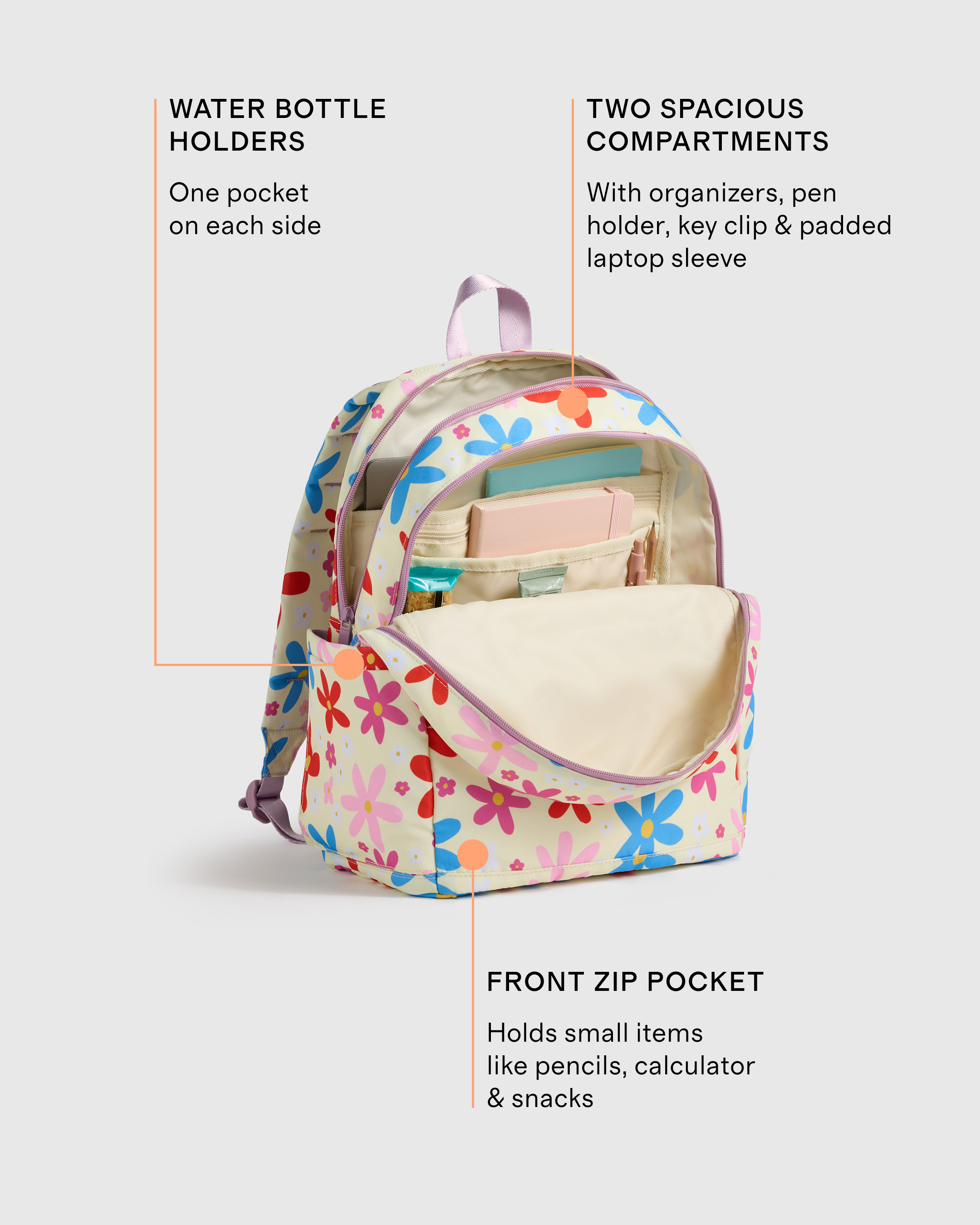 backpack with laptop sleave doubling as water sleav Recycled Double Pocket Backpack in Daisies, Recycled Polyester by Quince
