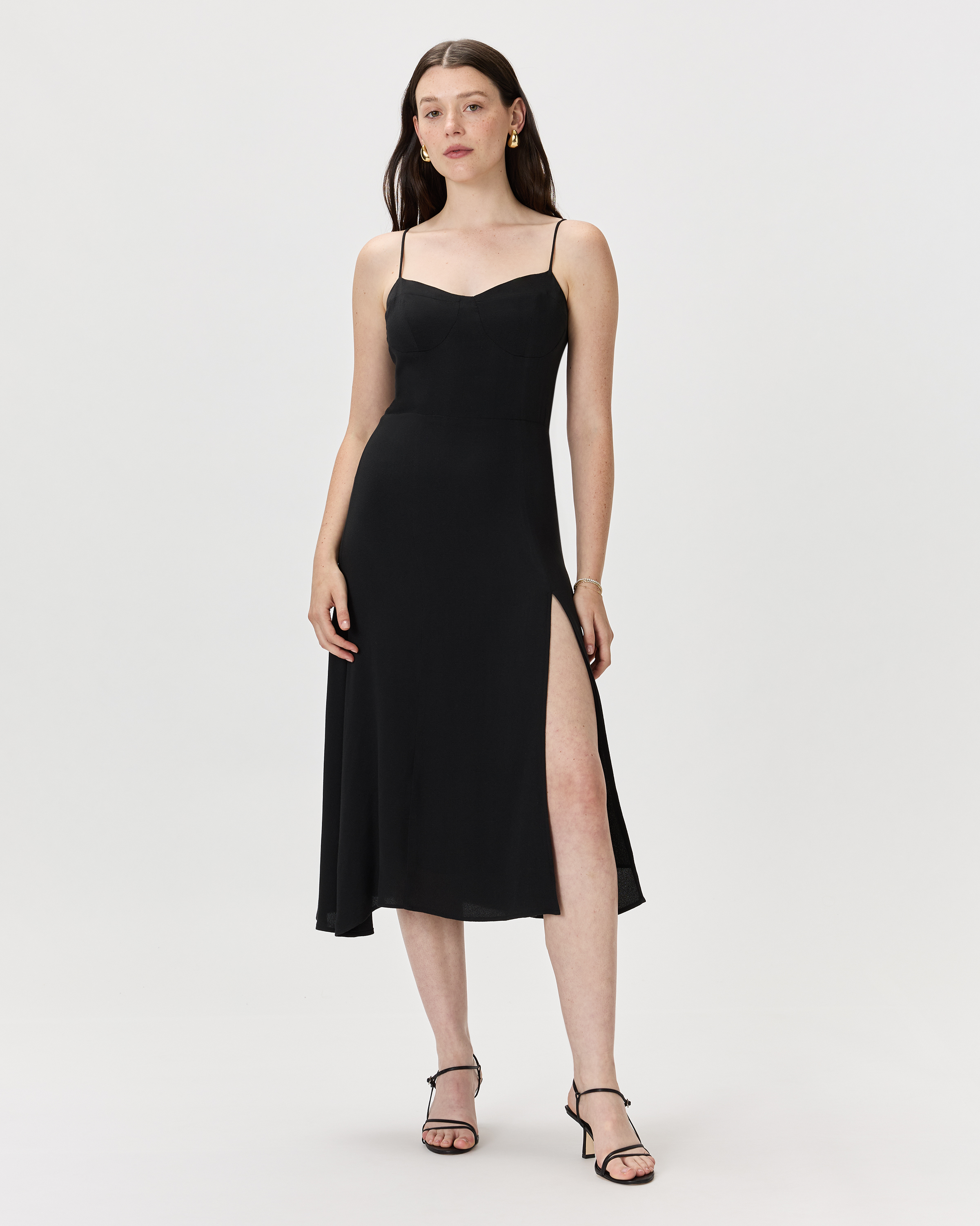 True Black Lightweight Crepe Sweetheart Midi Dress