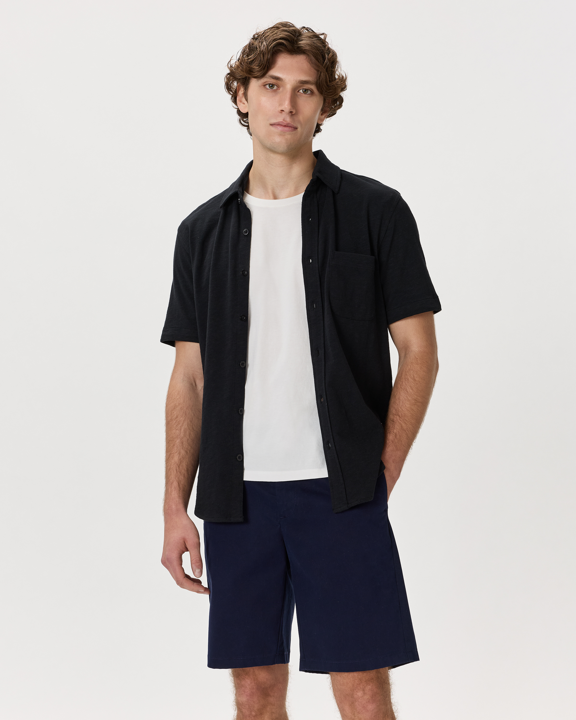 Bold Black 100% Organic Cotton Slub Short Sleeve Button Up Shirt