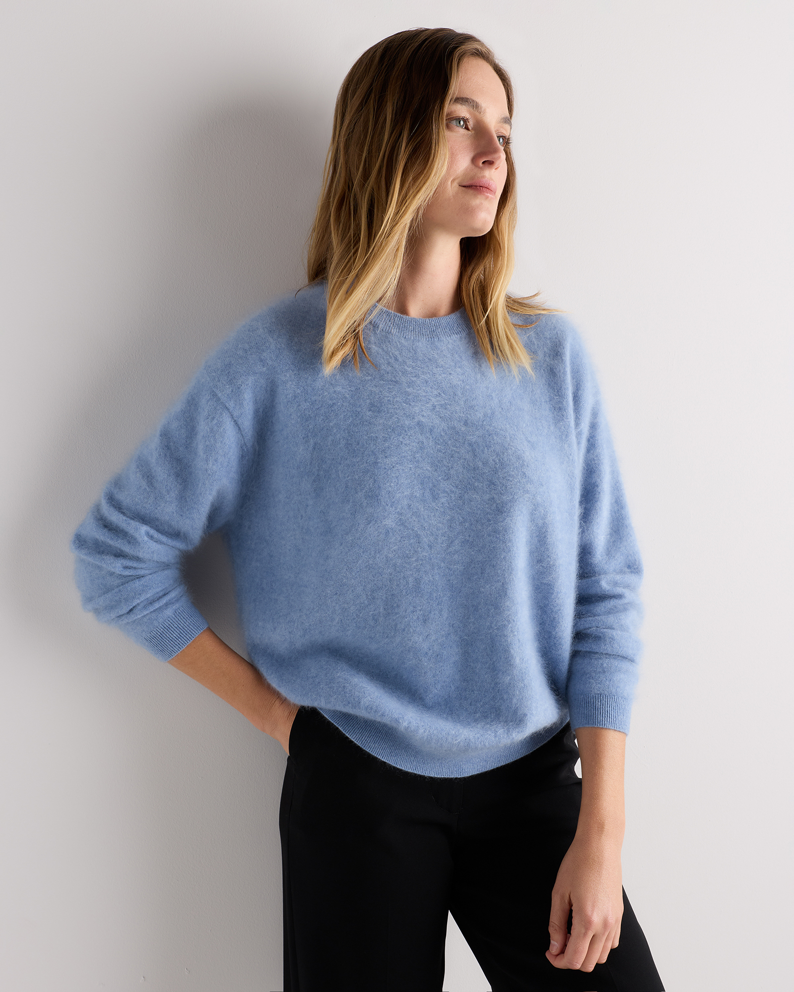 Faded Denim Brushed Cashmere Relaxed Crewneck Sweater