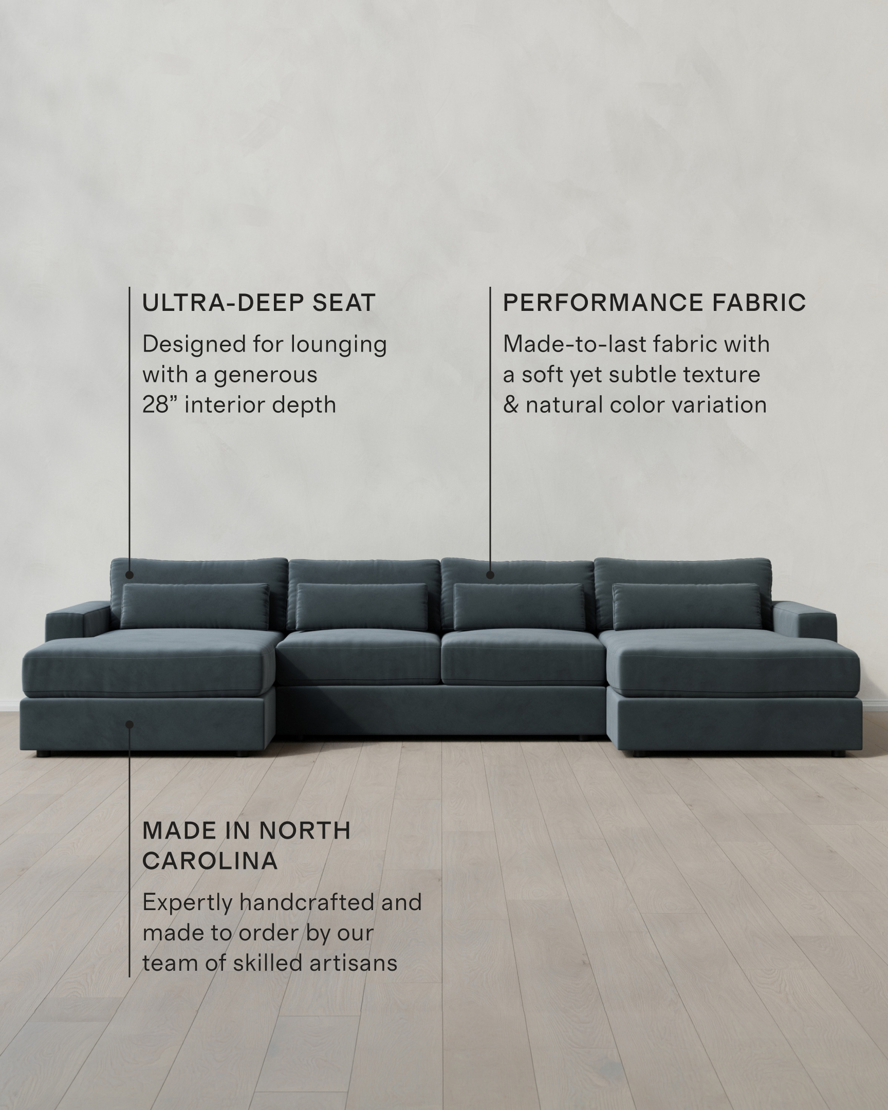 Ashford Deep Seat U Sectional in Performance Velvet in Pine