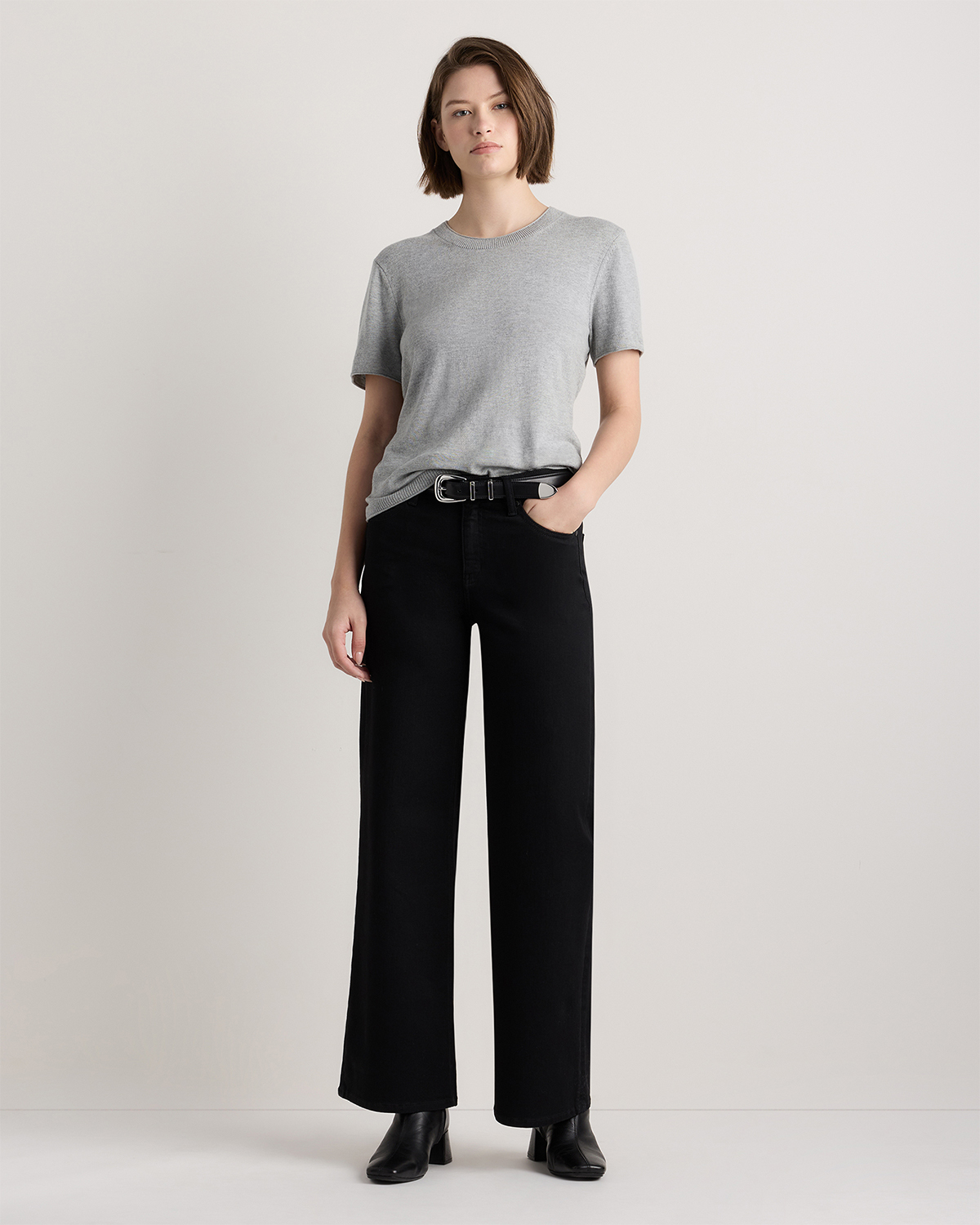 Lightweight Cotton Cashmere Relaxed Sweater Tee in Heather Grey