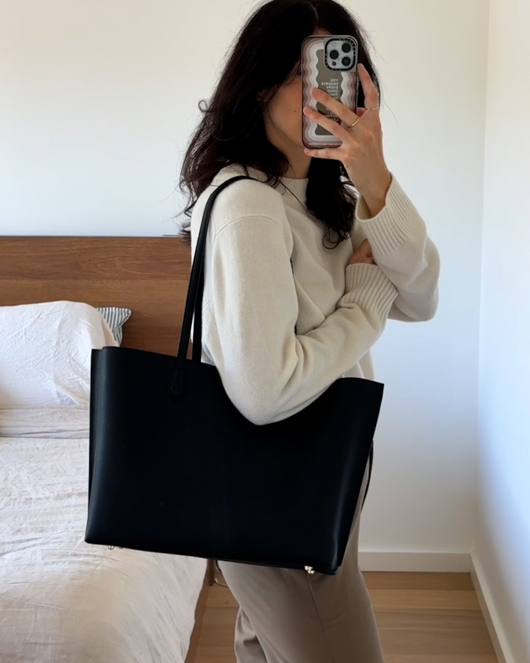 Italian Leather Triple Compartment Shopper Tote - PDP Video Thumbnail (Black, 4x5)