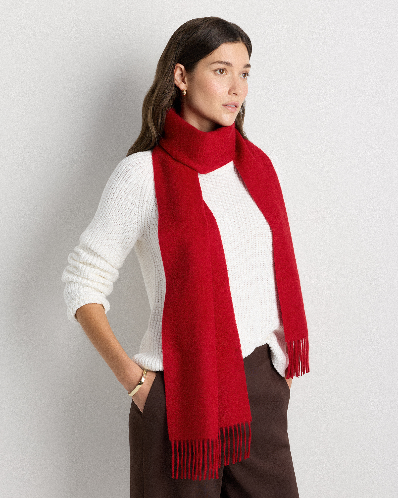 Varsity Red Mongolian Cashmere Woven Fringe Scarf